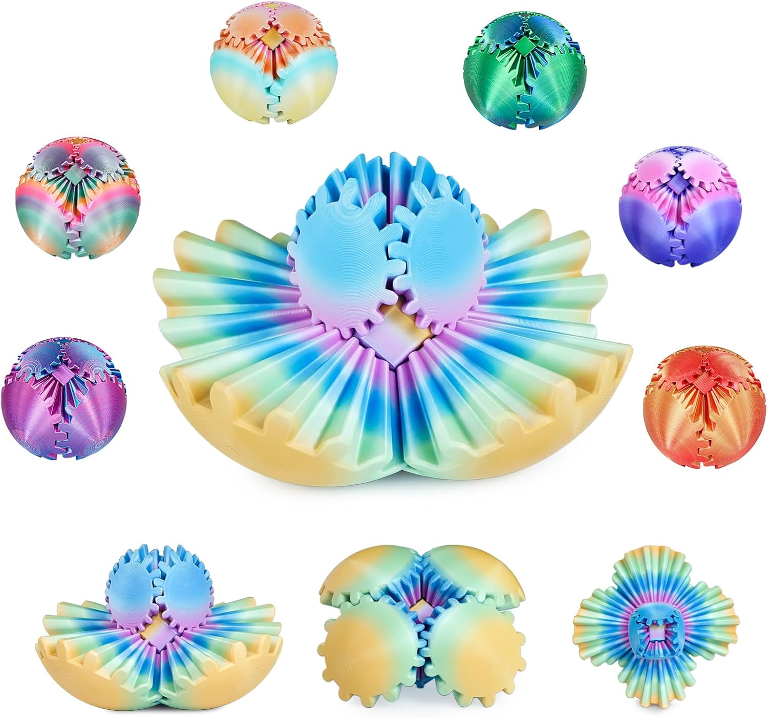 Gear Ball, 3D Printed Gear Sphere Fidget Toy, Sensory Stress Relief Ball for Kids and Adults, ADHD Autism Desk Toy Stocking Stuffer Unique Fun Office White Elephant Gift (Candy Color-1, 2.6 inches)