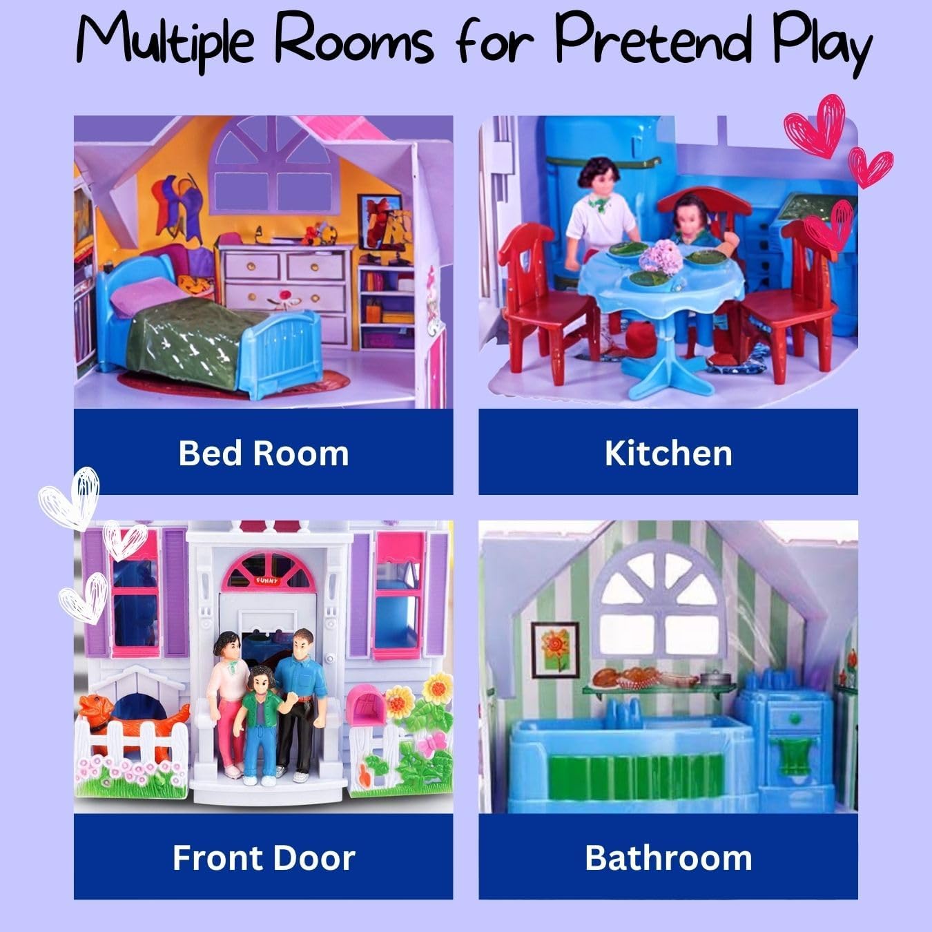 Detailed view of the dollhouse's various rooms, including the bedroom, kitchen, front door area, and bathroom, for imaginative play.