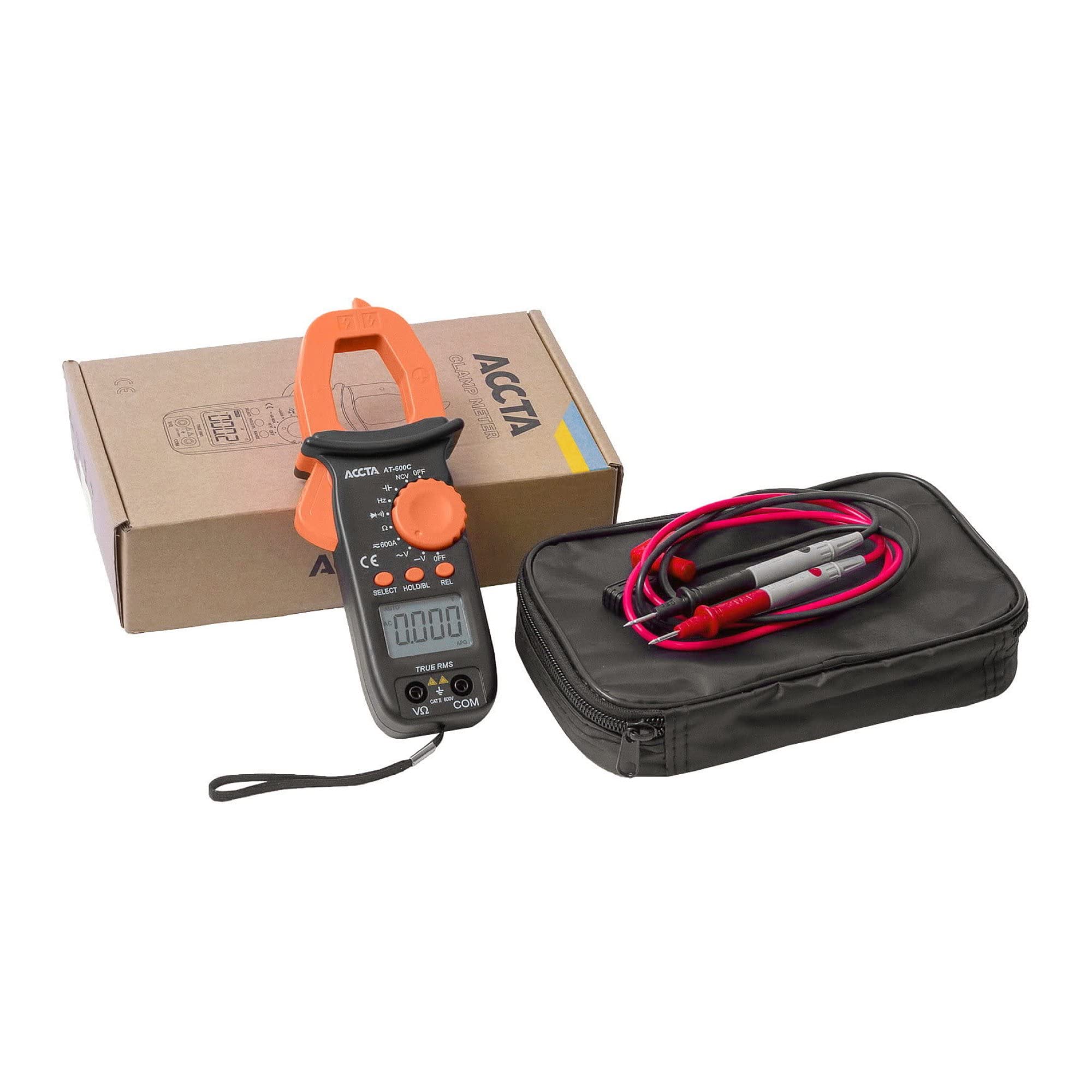 AT-600C Digital Clamp Meter True RMS REL Measurements 3999 Backlit LCD, Non-contact Voltage Test, DC/AC Voltage, DC/AC Current, Resistance, Capacitance, Frequency, Diode Testing, Continuity