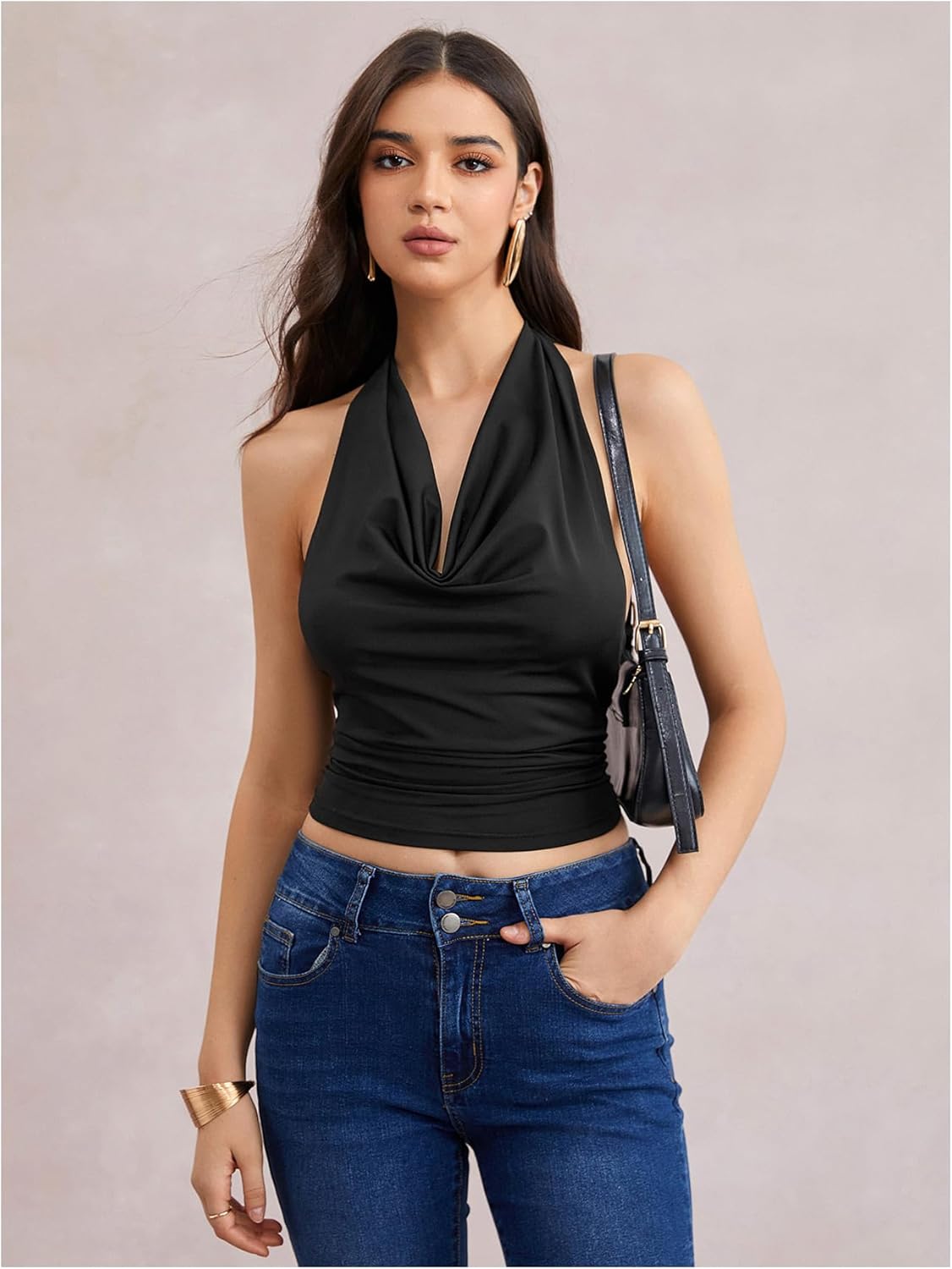 Milumia Women Draped Front Halter Top Sext Cowl Neck Backless Casual Tank Tops - Image 4