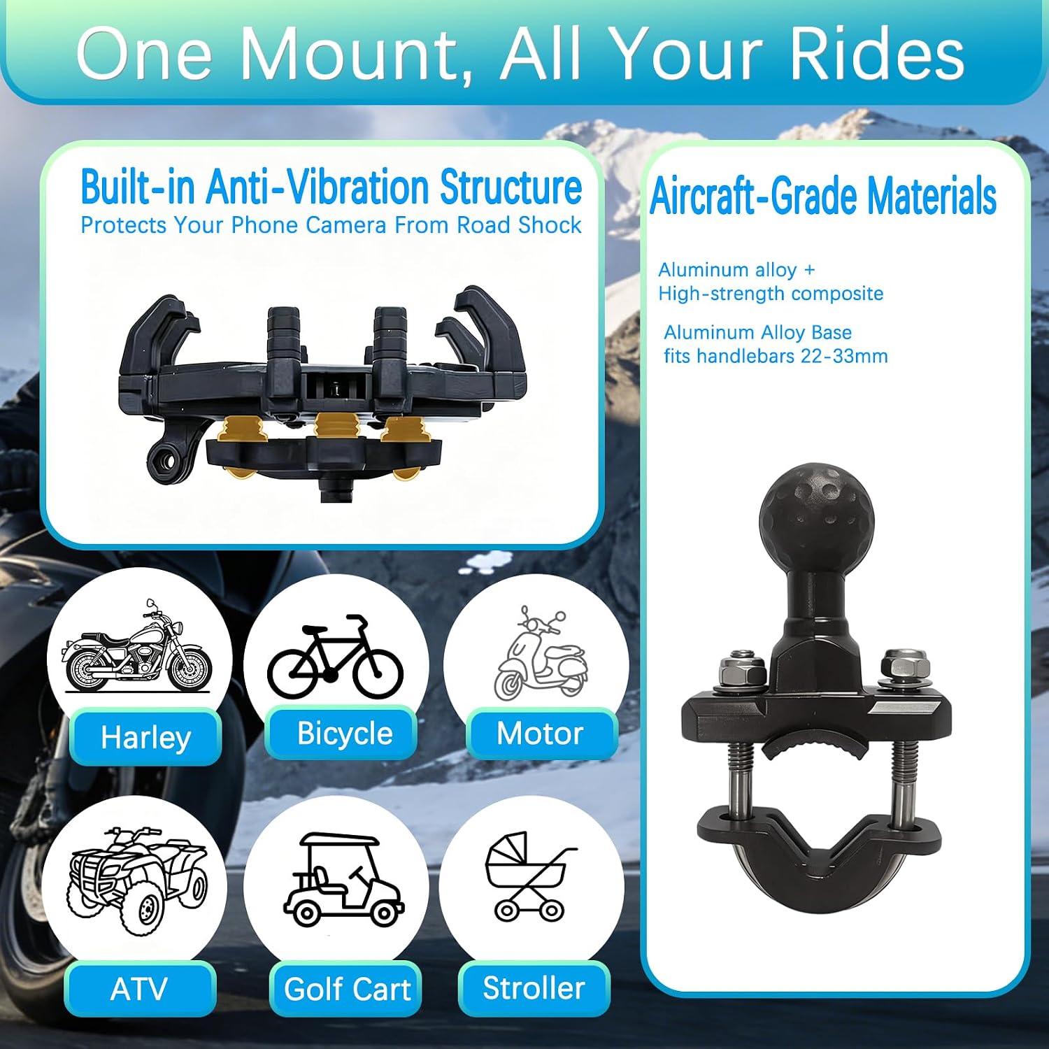 Motorcycle Phone Mount with rain Cap Vibration All-Weather, Anti-Theft, & Shockproof Mount, Adjustable Bike Handlebar Cellphone Holder for Bicycle Scooter ATV