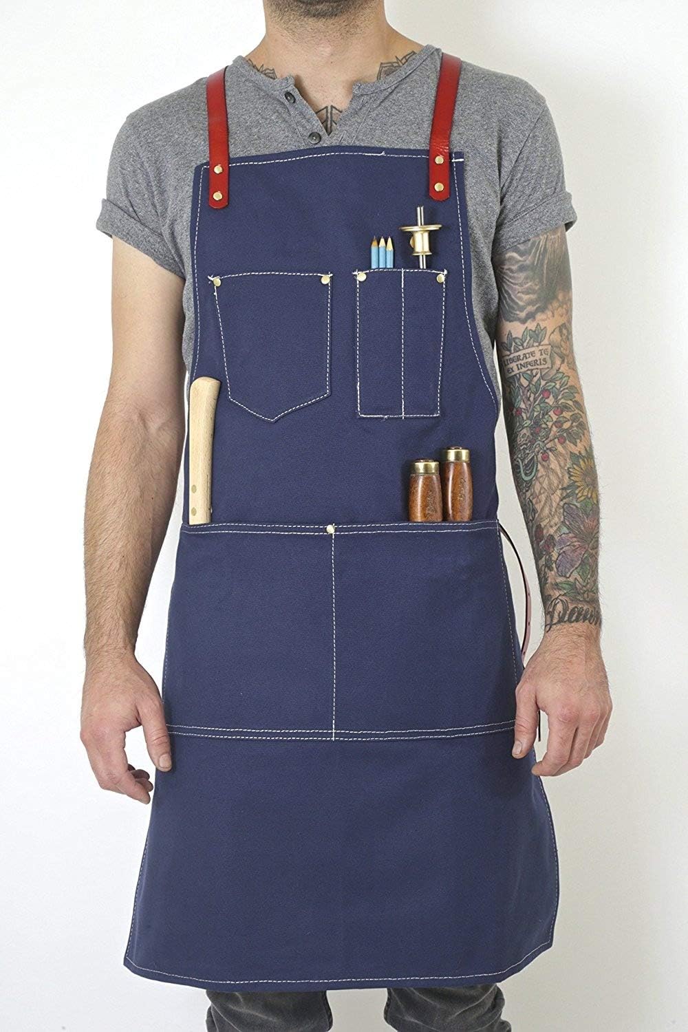 Canvas and Leather Utility Apron with Pockets - Blue