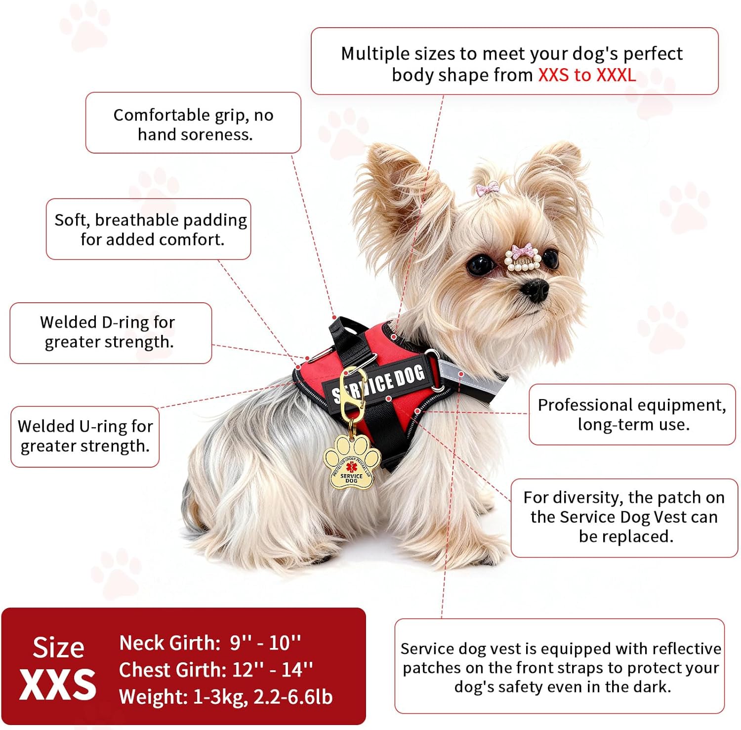 Service Dog Vest, ID Tag 50 ADA Information Cards, Service Dog Harness w Patch in Sizes XX Small to XXX Large, Metal Dog Tag has Ruggedized Clip, Service Animal Cards, ESA Accessory Set XX-Small