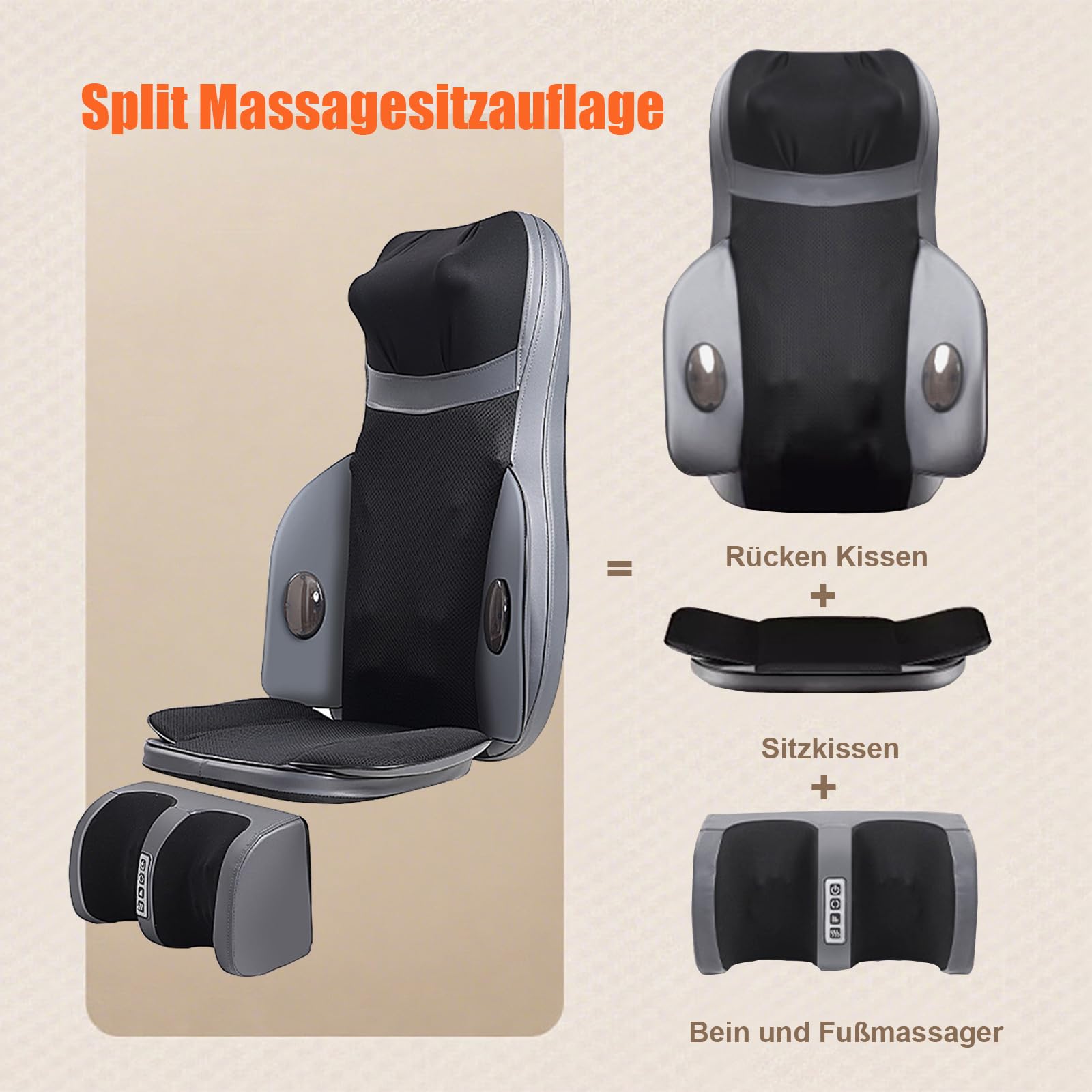 Rückenmassagegerät mit Wärme, 3D-Knetmassage-Stuhlkissen, Tiefengewebe-Knetmassage-Sitzkissen für Körper und Nacken, mit beweglichem Multifunktions-Bein- und Fußmassagegerät für Büro (Schwarz)