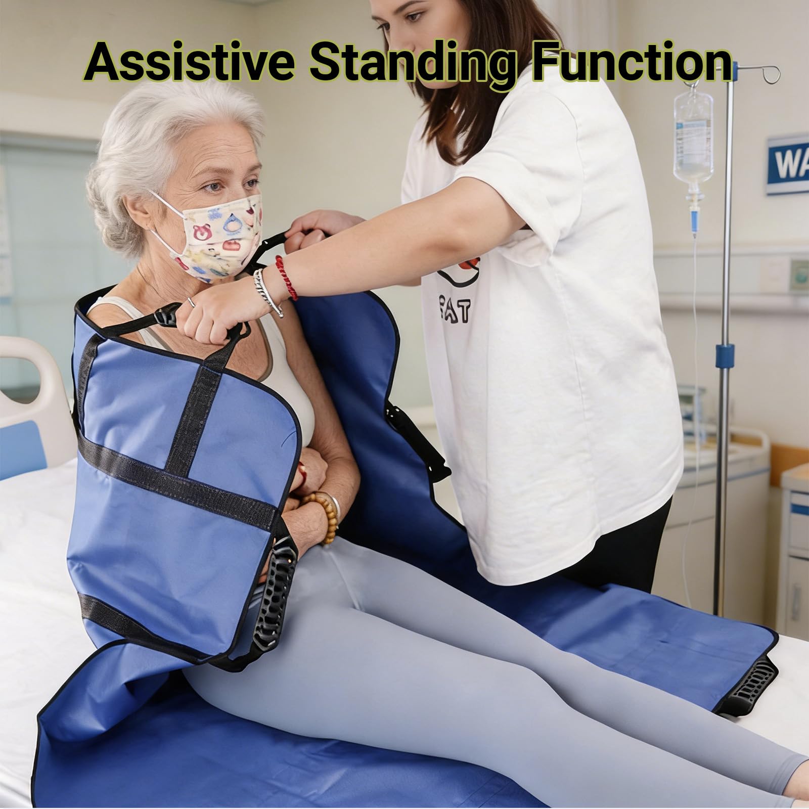 Paño deslizante para cama postrada, tabla de transferencia para levantadores de pacientes, 120 x 100 cm, para personas postradas en cama con 8 asas, color azul
