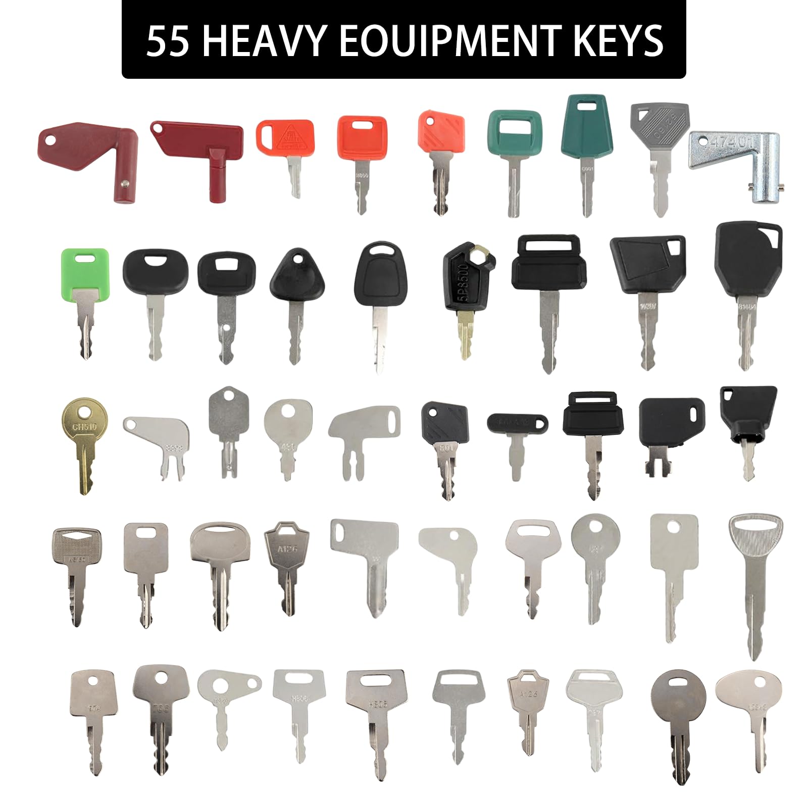 55 Pièces Clé d'allumage de Remplacement Clé de Rechange Clef de Chantier avec Porte Clés Cle Universelle pour Voitures Machines Agricoles Camions Niveleuses Bulldozers