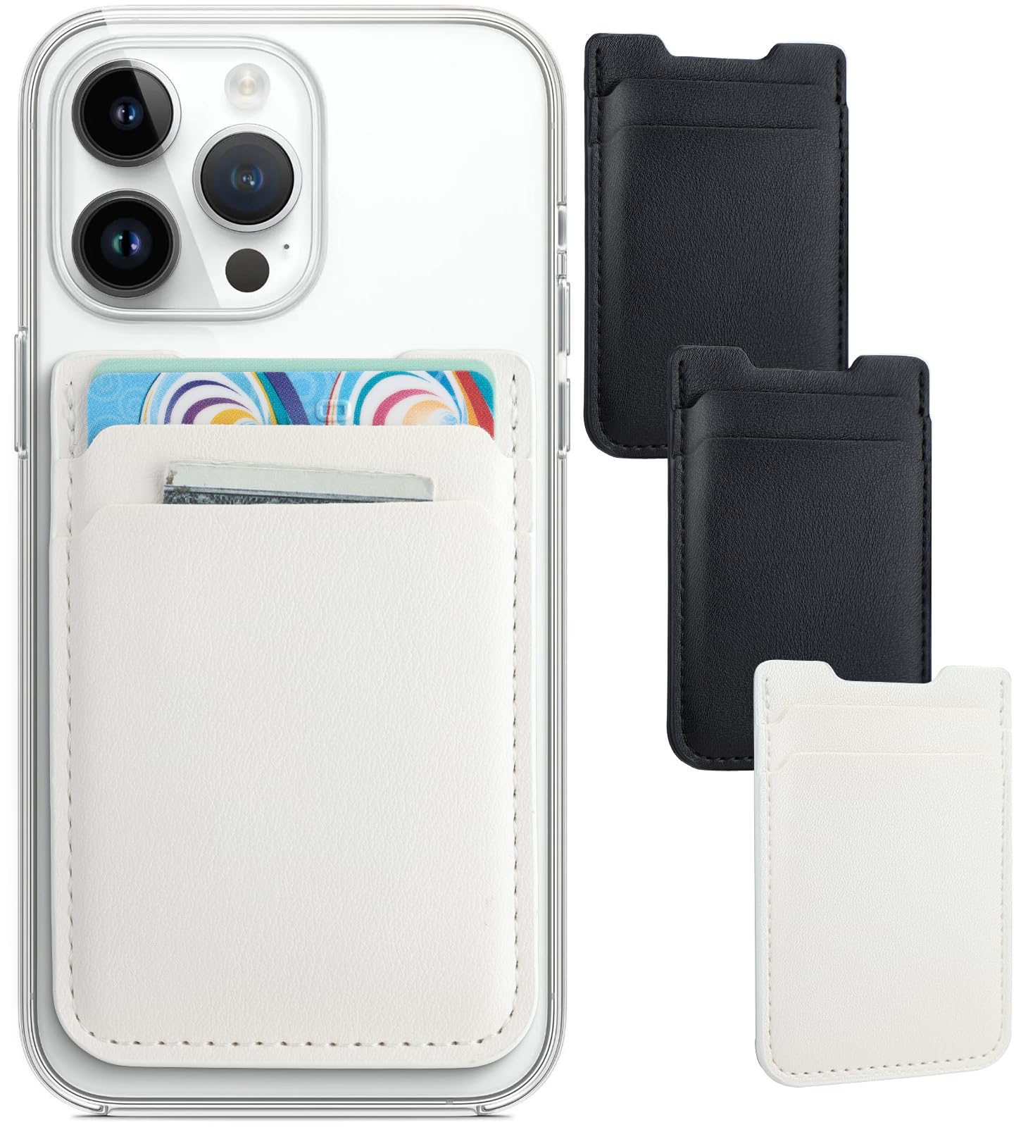 Sticky Wallet, 2Pack Phone Case Credit Card Holder, Leather Double Pocket Sticker for iPhone, Android, Samsung - 2Black, 1White