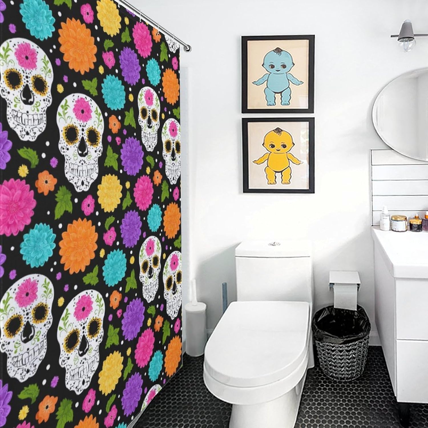 Colourful Skull Flowers Shower Curtain 46.85x70.87Inch（119x180cm） Polyester Bath Curtain Shower Curtains Printed Decorative