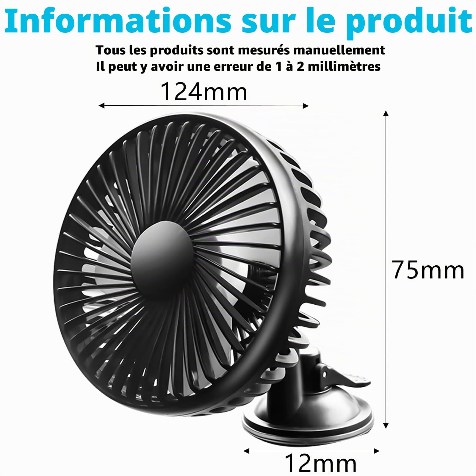 GOMETY Ventilateur de voiture, portable, rotatif à 360°, USB 12 V/24 V, universel, 3 vitesses, ventilateur de refroidissement, ventilateur de table pour la maison, le bureau, la poussette, le camping