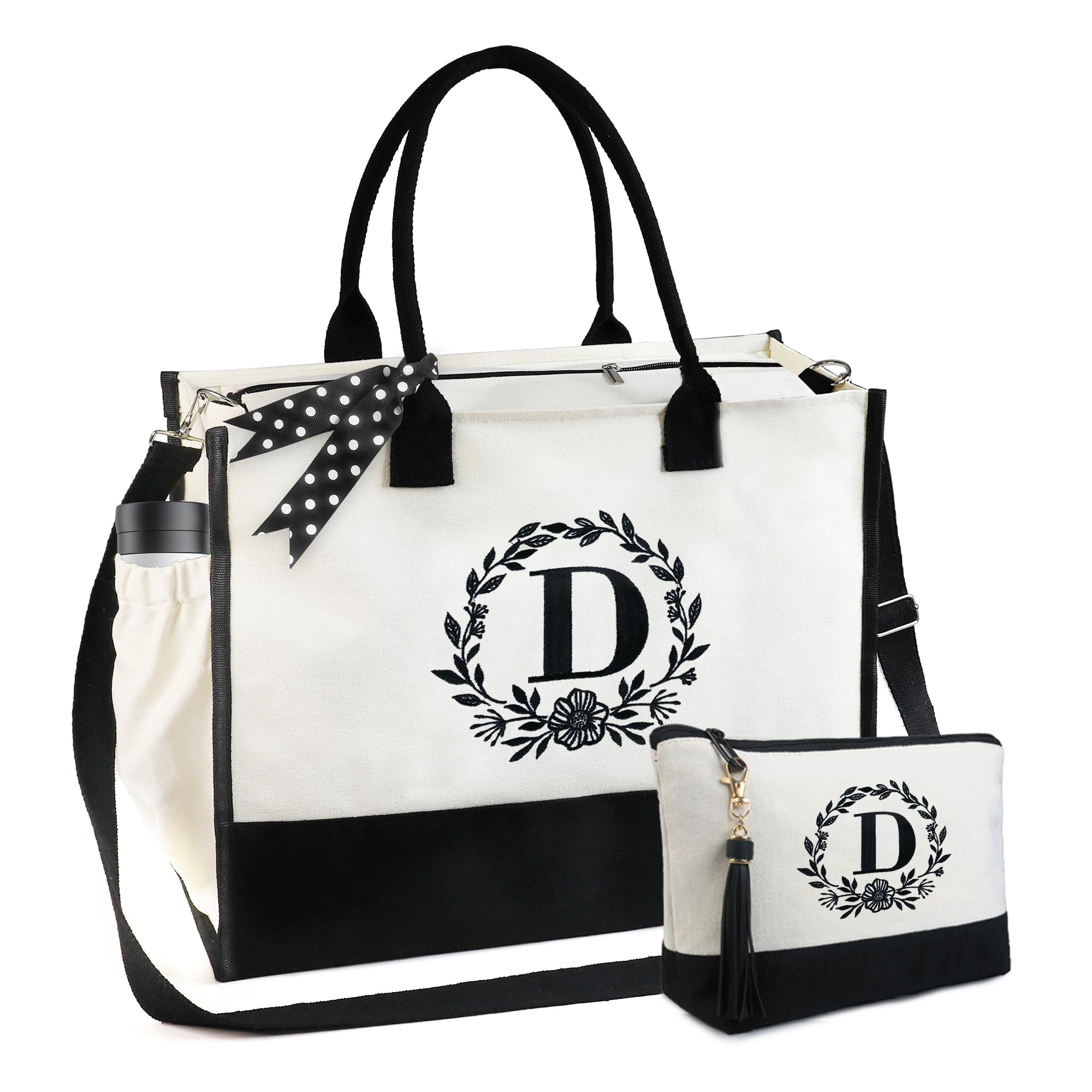 BeeGreenPersonalized Tote Bag for Women, Embroidery Monogram Birthday Gifts, Large Initial Bag with Zipper Closure, Adjustable Strap, Side Pocket and Makeup Bag Letter D