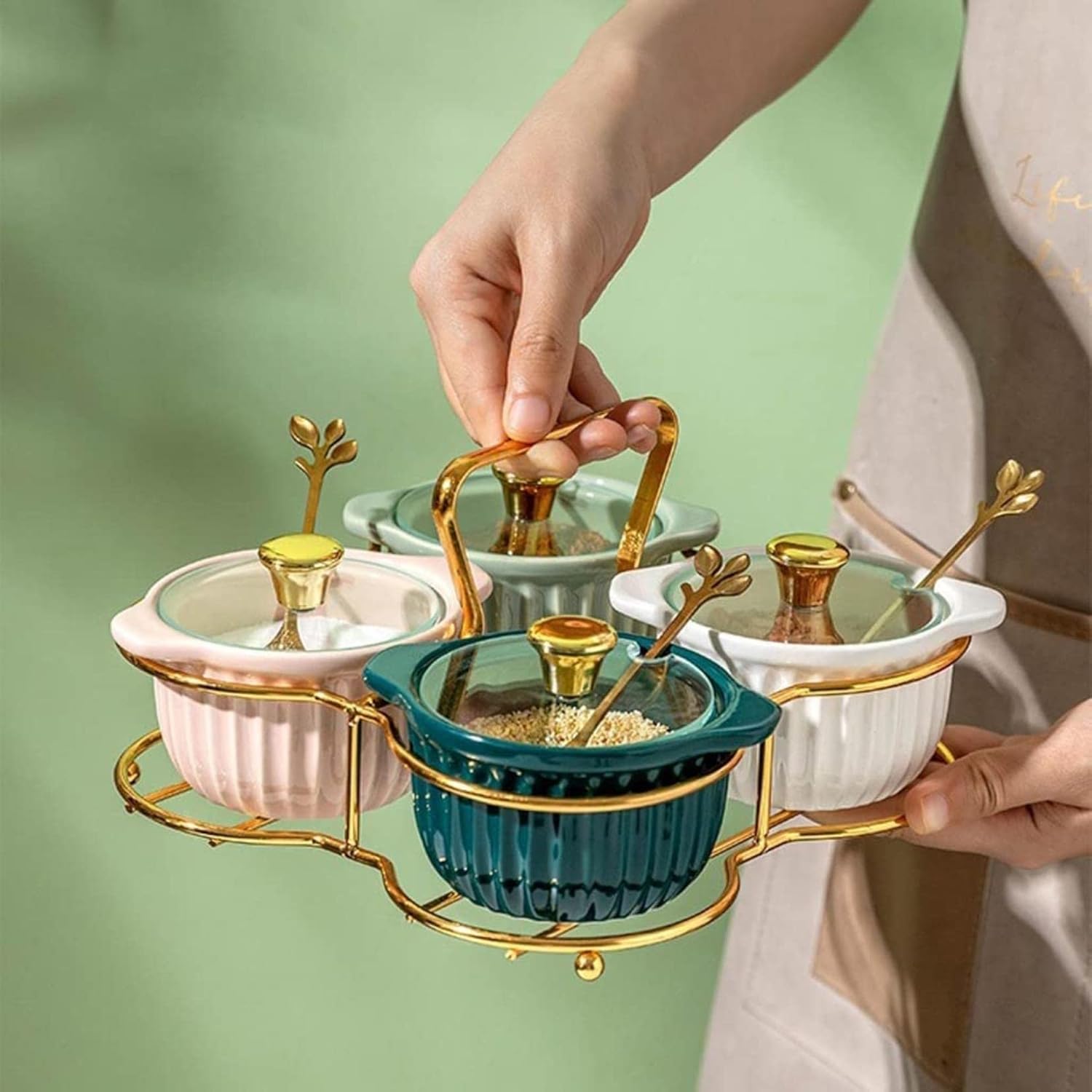 Seasoning Container,Ceramic Seasoning Bottle 4 Cells Seasoning Jar Set Household Combination Light Luxury Seasoning Box Kitchen Spice Jar，White