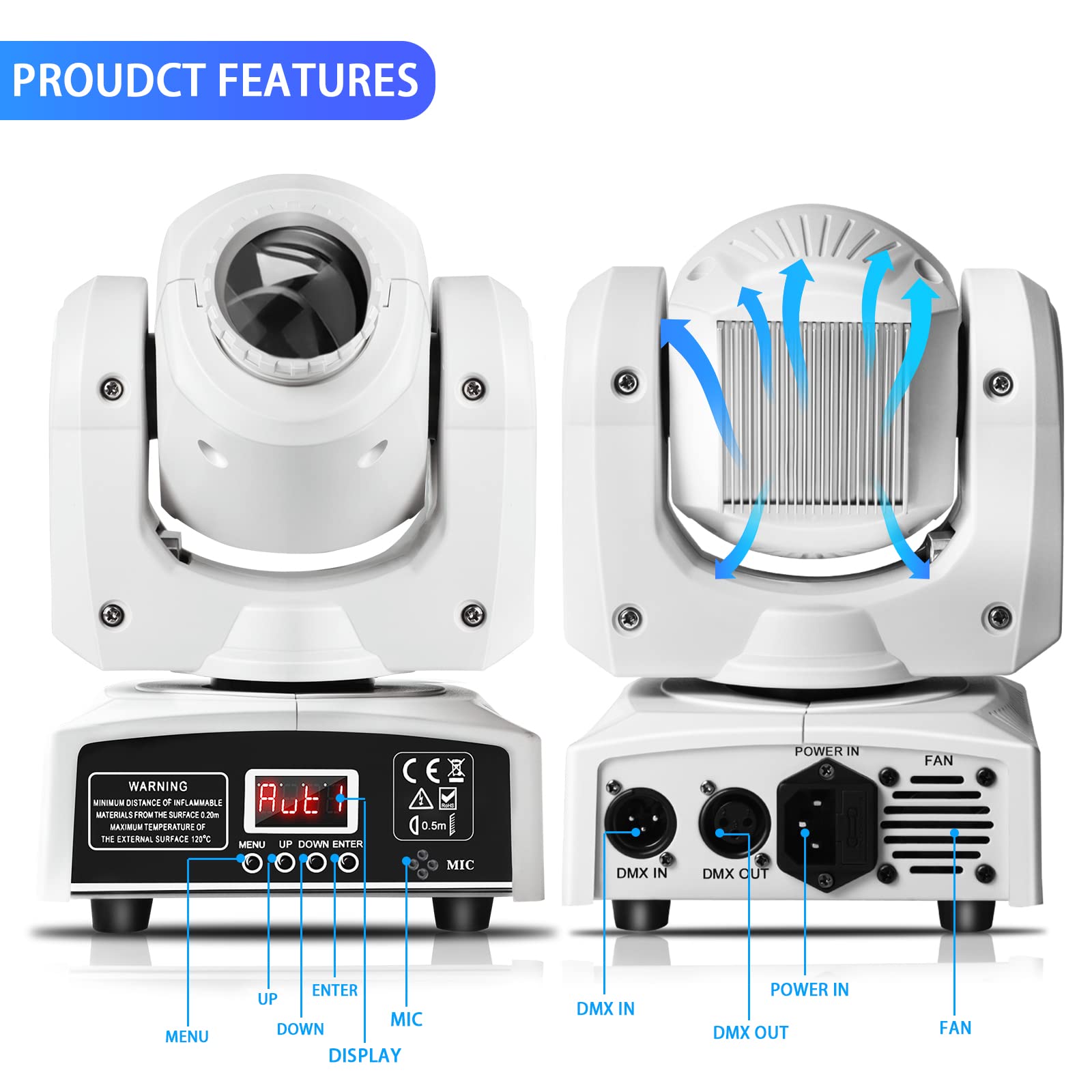 Lyre LED 50W Tête Mobile Lumière de Fête 8 Motifs 8 Couleurs 9/11CH pour Fête à Domicile Mariage Lumière (Blanc)