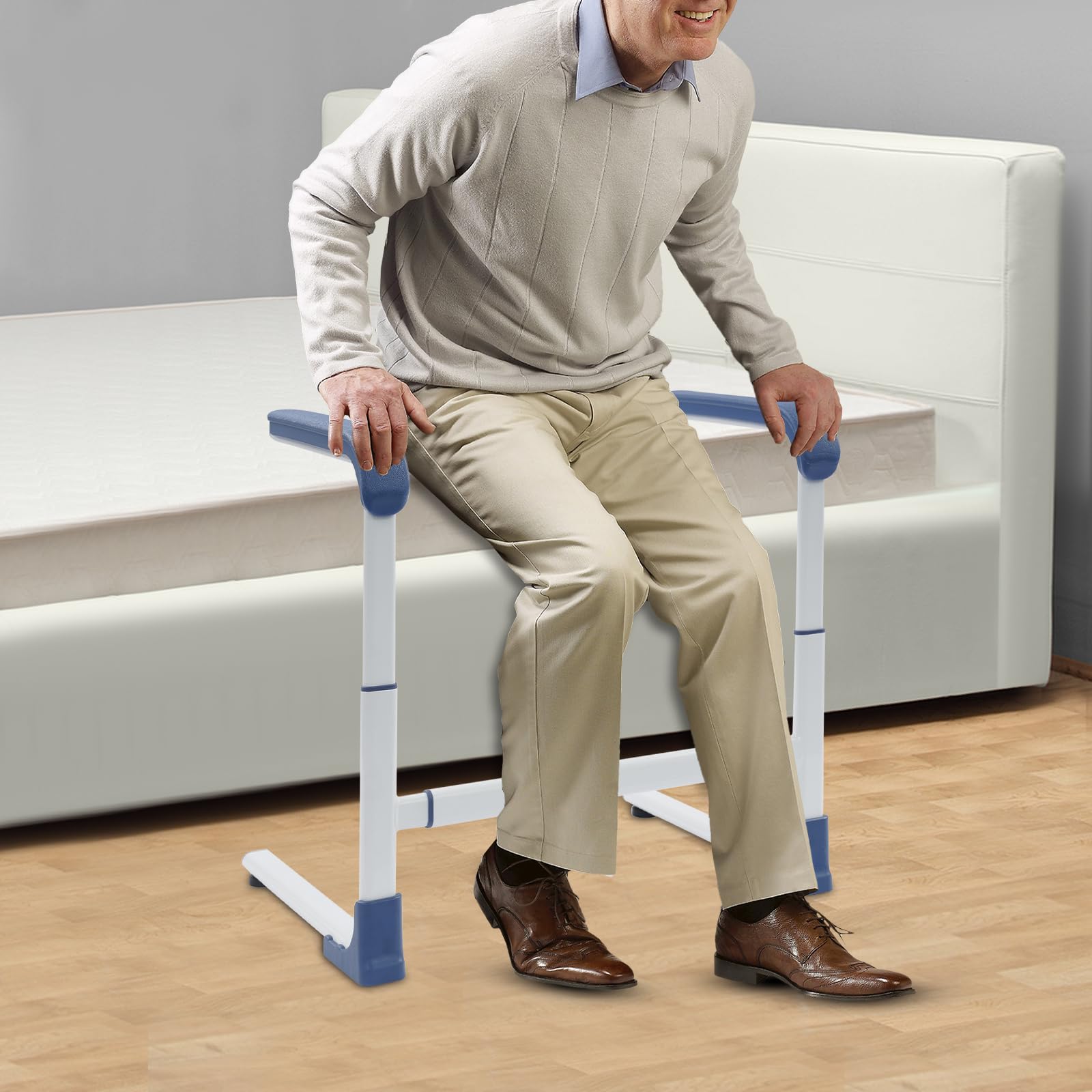 Ausili per alzarsi da Divano/Letto/WC, Aiuto per alzarsi antiscivolo per anziani con maniglia larga, Altezza e larghezza regolabili Supporto per pazienti e disabili, fino a 150 kg (Blu)