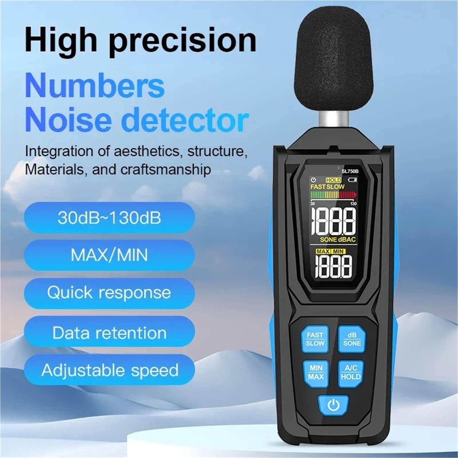 Medidor de decibelios, Sonómetro digital 750/750B, comprobador de ruido profesional, aire acondicionado, 30-130 dB, decibelímetro, instrumento de medición(750B)