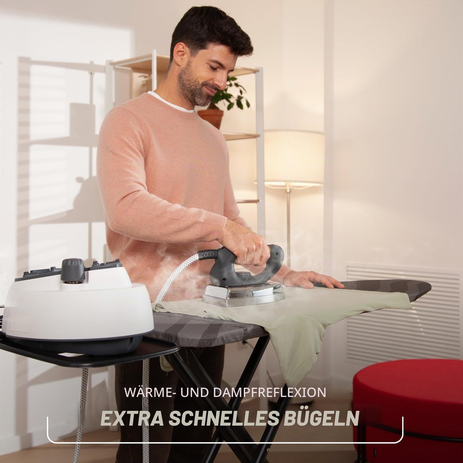 Vileda Bügelbrett TOTAL Reflect Ultimate |extra schnelles Bügeln|extra robust| breite Bügelfläche| höhenverstellbar| XXL‑Ablage| leicht zusammenklappbar| einfache Aufbewahrung| Comfort-Pack