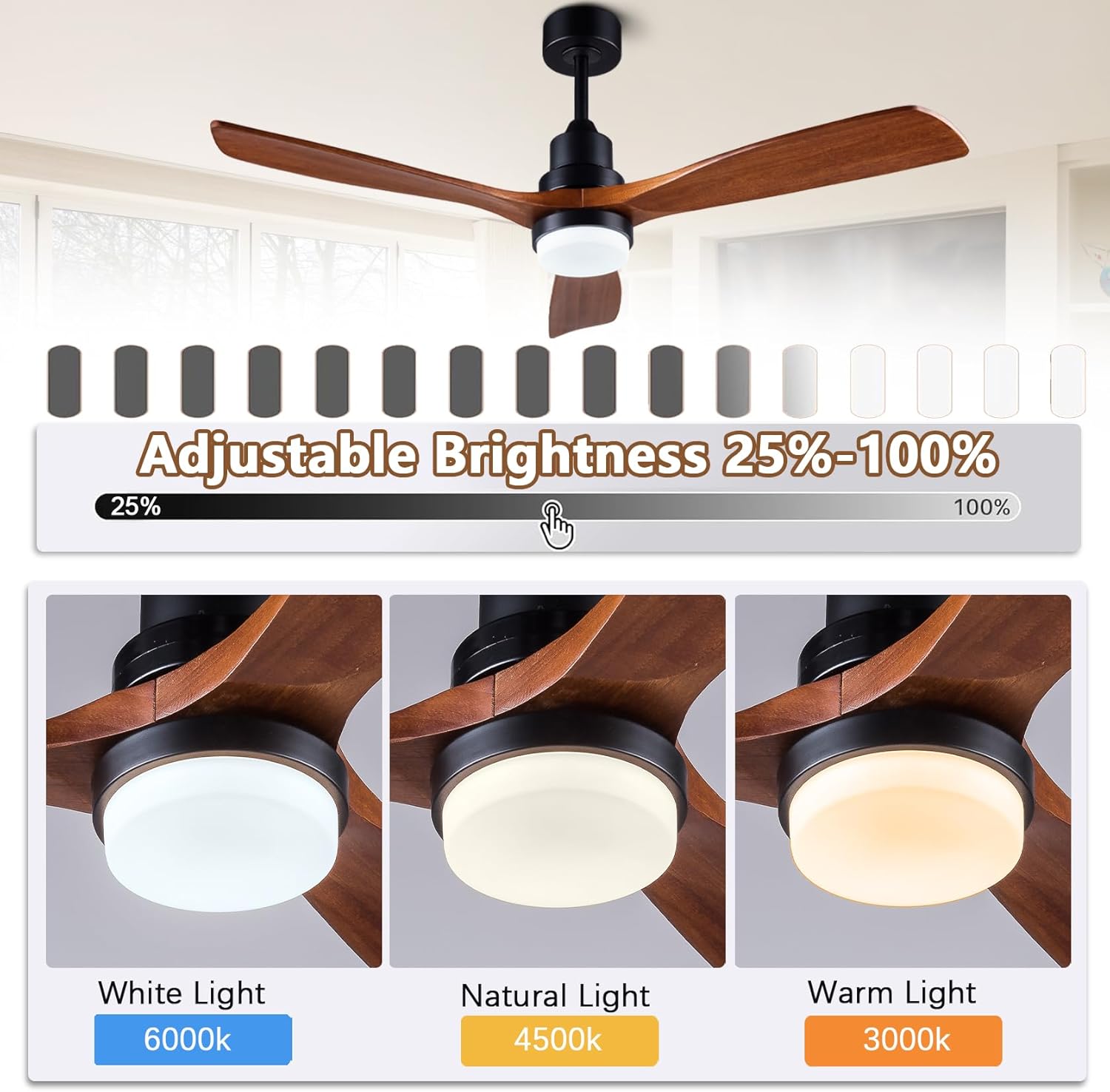 52-inch Ceiling Fan with Remote Control (Illuminated) 3-Blade Carved Wooden Fan Blades Quiet Reversible All-Copper Motor Ideal for Living Rooms, Bedrooms, and Courtyards Black/Walnut Finish
