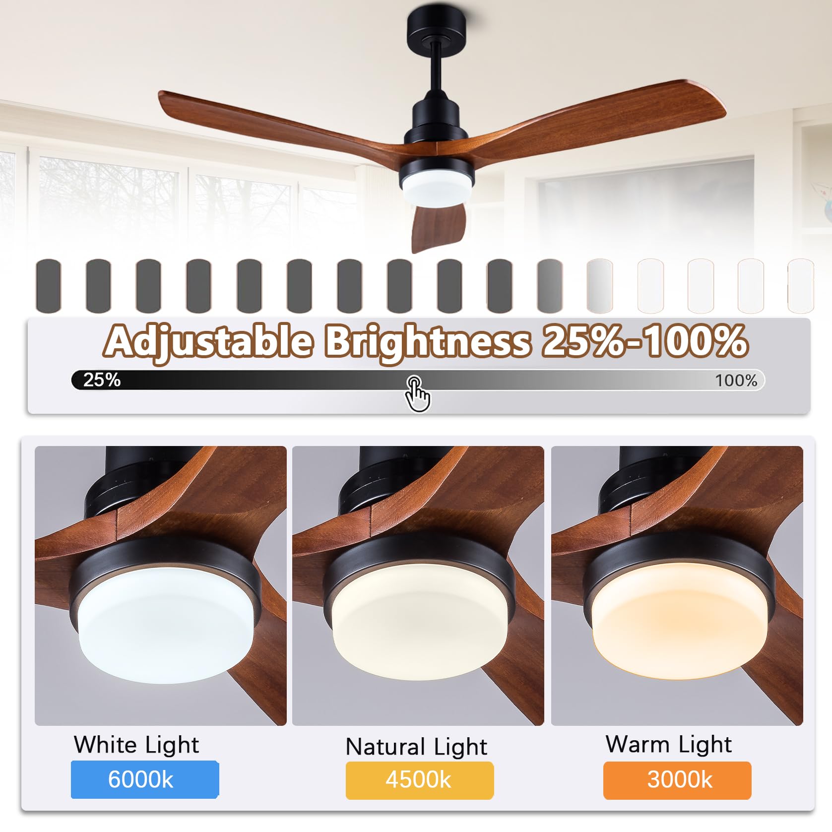 52-inch Ceiling Fan with Remote Control Illuminated 3-Blade Carved Wooden Fan Blades Quiet Reversible All-Copper Motor Ideal for — view 3