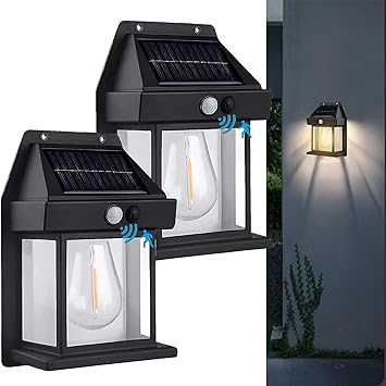 Solar Wall Lights Outdoor Pack of 2 Wireless Motion Sensor Lanterns with 3 Lighting Modes and IP65 Waterproof, Exterior Spotlight Fixtures for Garden Yard Patio Fence Outside Decorative