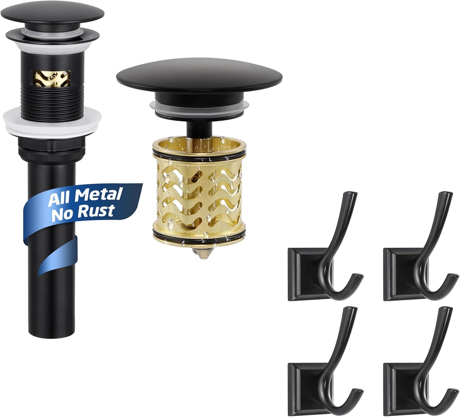 Black Bathroom Sink Drain with Hair Catcher All Metal and Black Towel Hooks for Bathrooms 4 Pack, S20002A-BK+BCH400-BK-P4