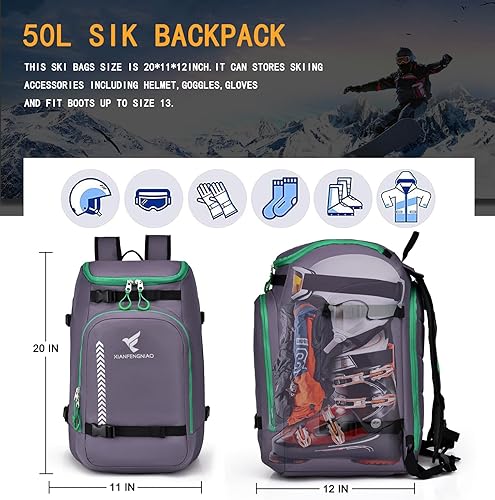Miniatura 9 de Bolsa para botas de esquí, mochila de viaje impermeable para botas de esquí y snowboard, casco de esquí, gafas, guantes, esquí, snowboard y