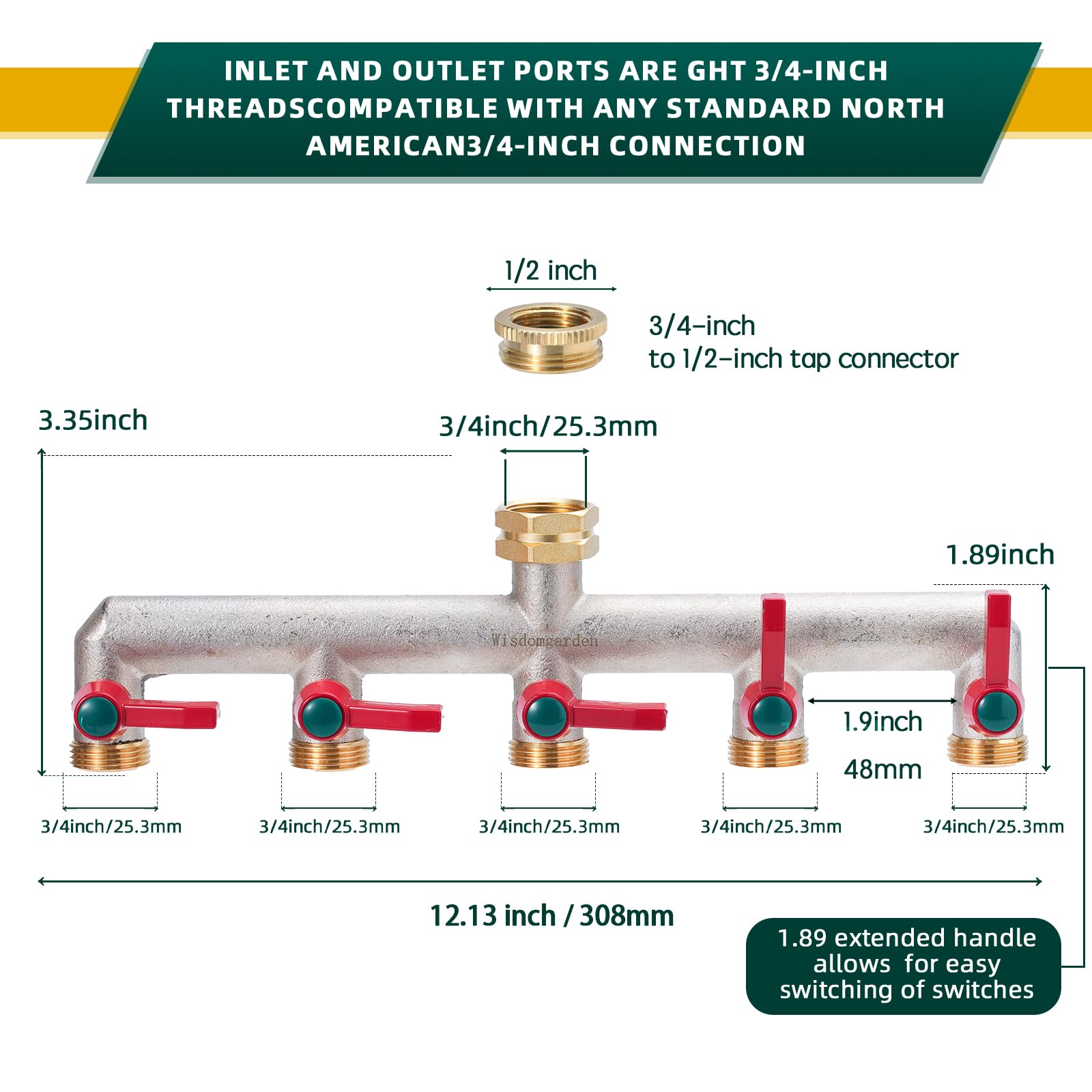 Splitter per tubo da giardino in Ottone nichelato, splitter per rubinetto a 5 vie da 3/4"&1/2", Ingresso acqua esagonale aggiornato, più robusto e duraturo,lo splitter per rubinetto