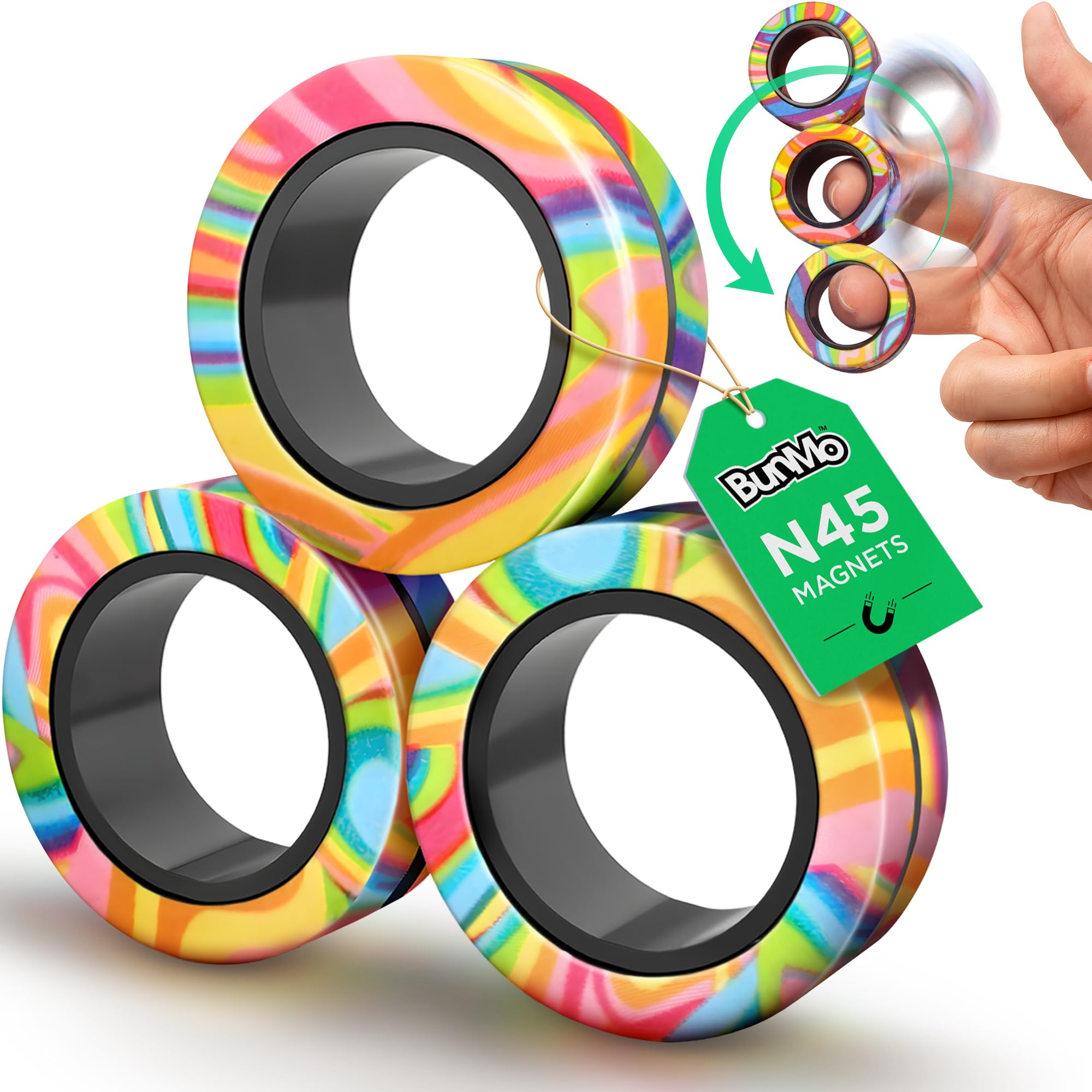 BunMo Magnetic Rings Multicolored – Improved N45 Grade Magnets, BPA-Free, Compact & Quiet Fidget Toy for Adults & Teens, Portable Handheld Toy for Office, School, & Travel