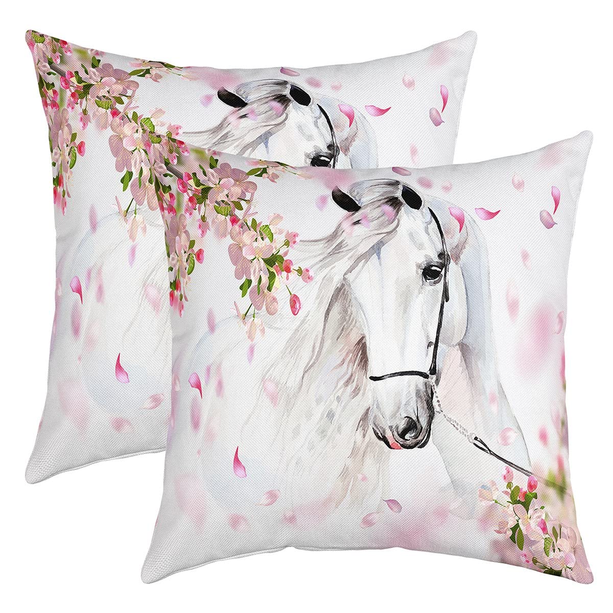 Loussiesd Horse Pillow Covers 20x20 Set of 2 Cute Animal Decor Cherry Blossoms Decorative Throw Pillow Covers Cases Home Decor Kawaii Farm Cowboy Pink White Cushion Case for Sofa Outdoor — image 1