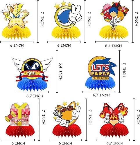 Miniatura 2 de Juego de 8 piezas de suministros de fiesta de erizo azul, centros de mesa de panal de abeja, decoración de mesa de doble cara para decoraciones de