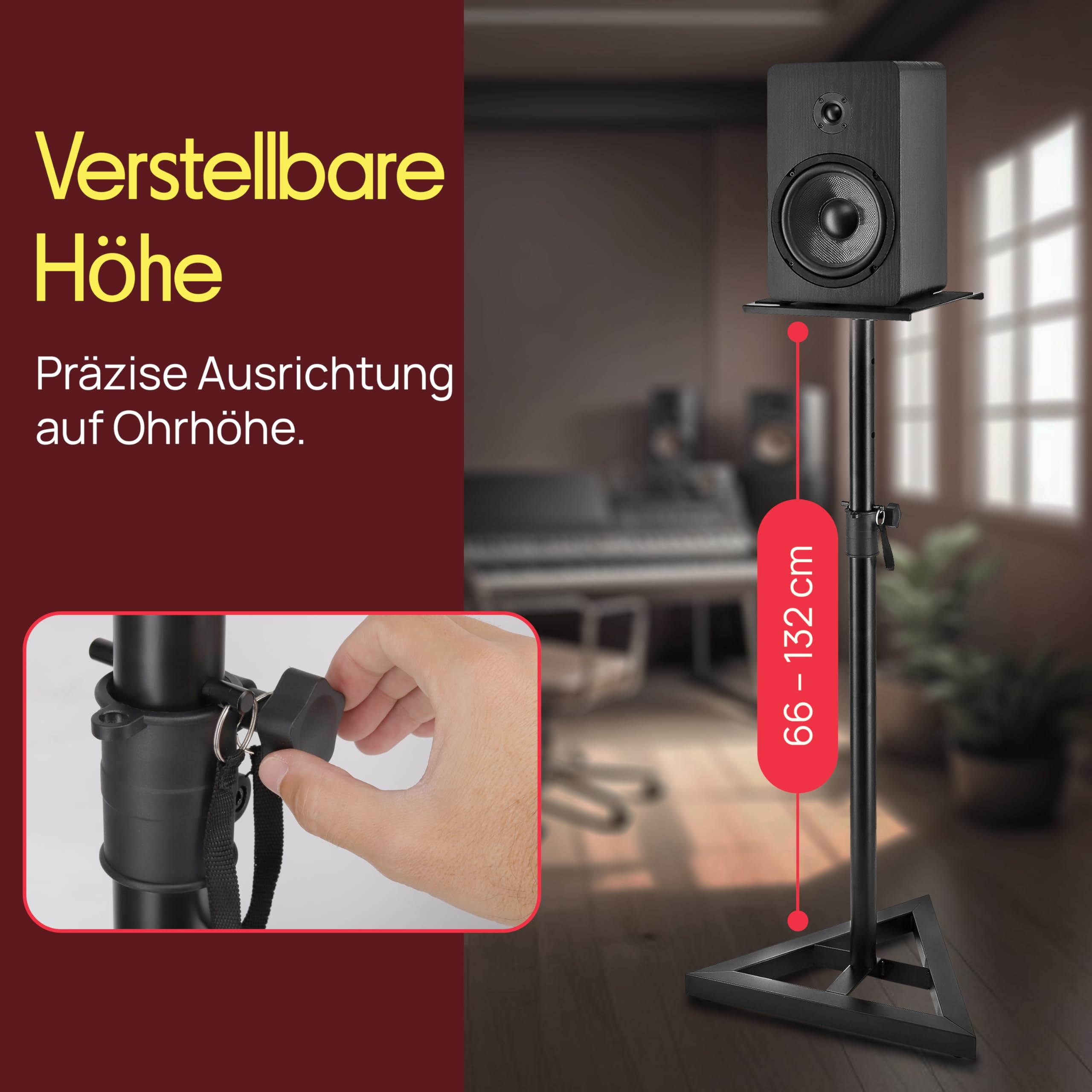 Pyle Lautsprecherständer, Boxenständer Höhenverstellbar 66-132cm, Universelles Boxenstativ, Lautsprecher, speaker stands, Stabile Dreiecksbasis Bodenspikes, Studio Monitor Ständer, Belastbar 40kg,Pair