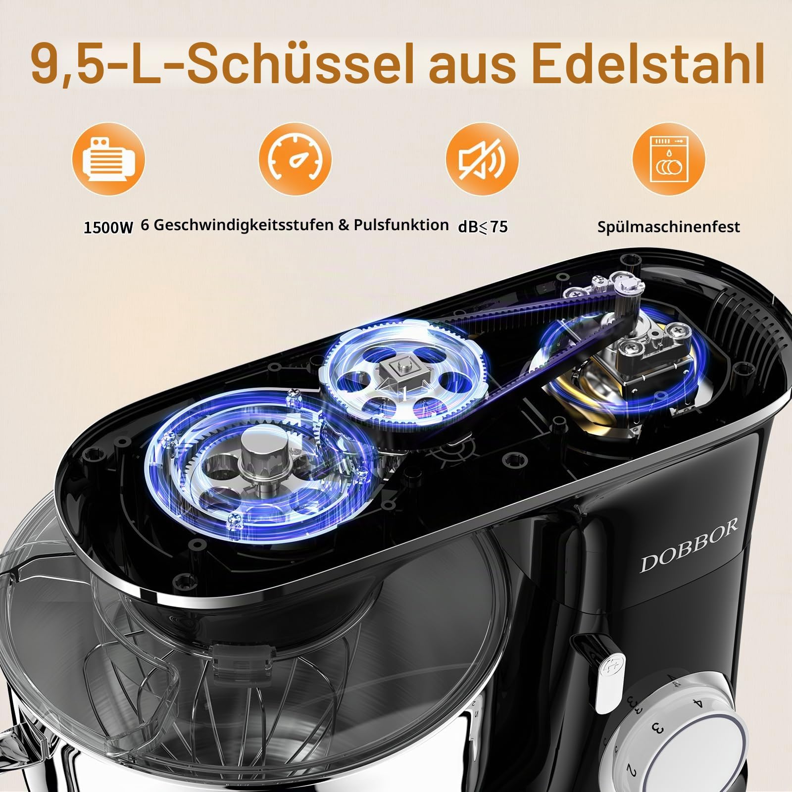 9.5L Küchenmaschine Knetmaschine 1500W, DOBBOR Rührmaschine mit Rührbesen, Knethaken, Schlagbesen, Spritzschutz, 7 Geschwindigkeit Planetarisches Rührsystem, leise und multifunktional. (Black)
