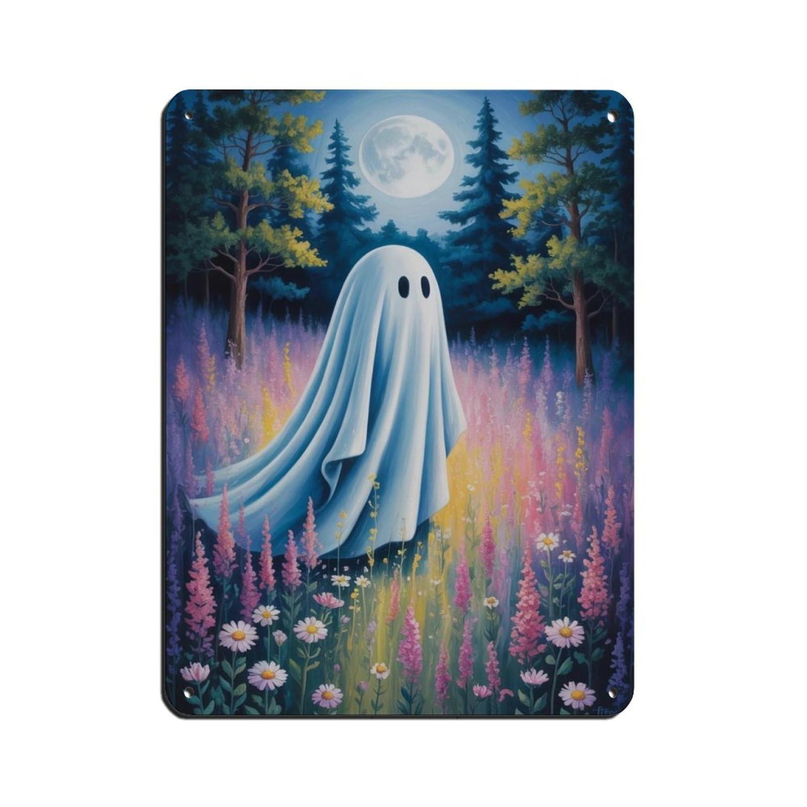 Ghost with Flowers at The Moon Poster Retro Poster Metal Tin Sign Chic Art Retro Iron Painting Bar People Cave Cafe Family Garage Poster Wall Decoration 12x16inch(30x40cm)