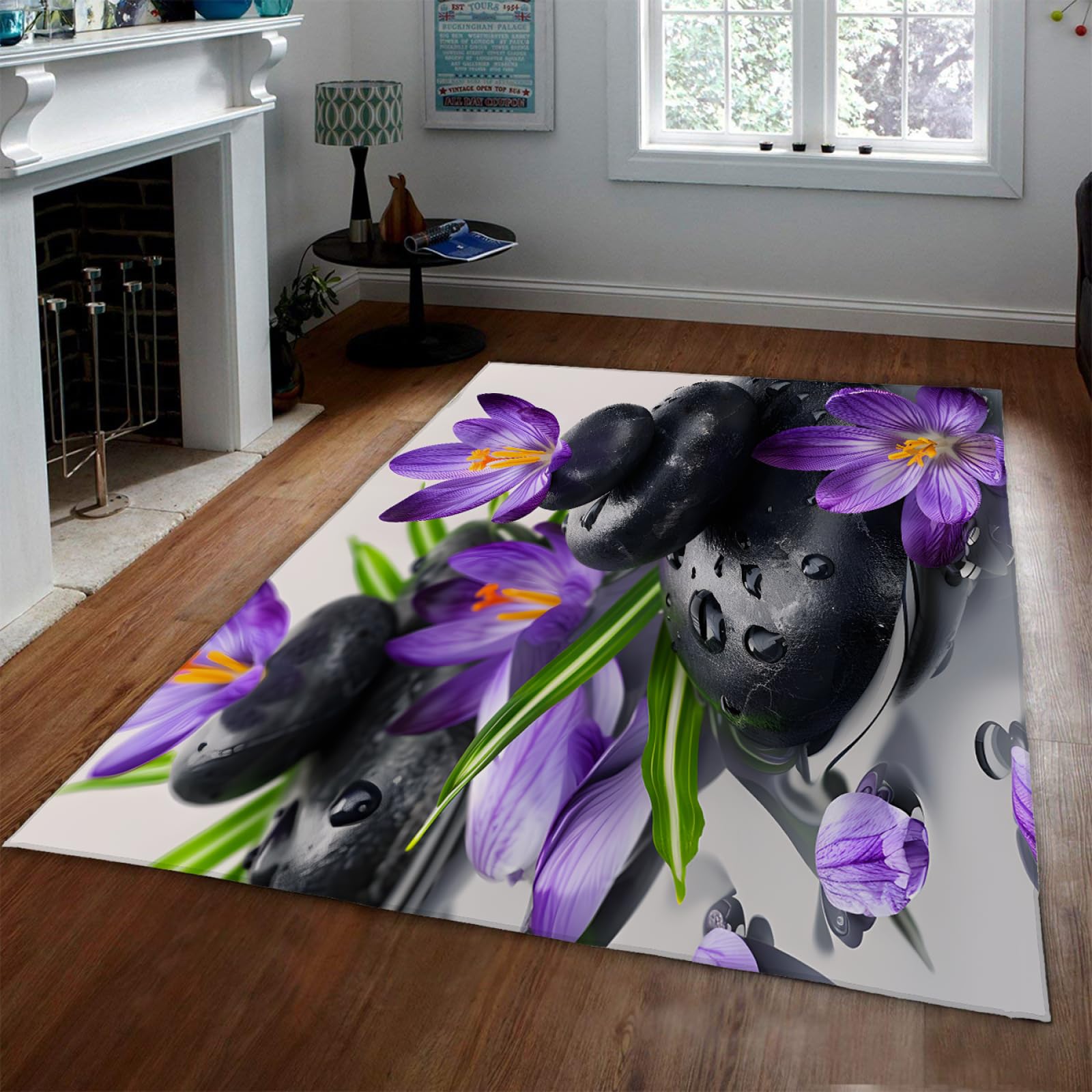 Tapis orchidées fleurs pierres déco maison lavable 80x150cm