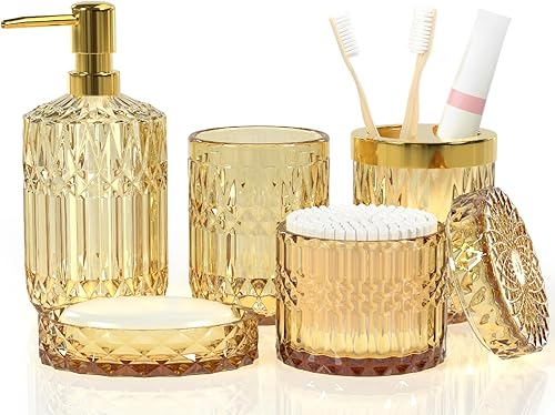 Juego de accesorios de baño de cristal, vaso, tarros de hisopos de algodón, jabonera, dispensador de jabón y soporte para cepillos de dientes, 5