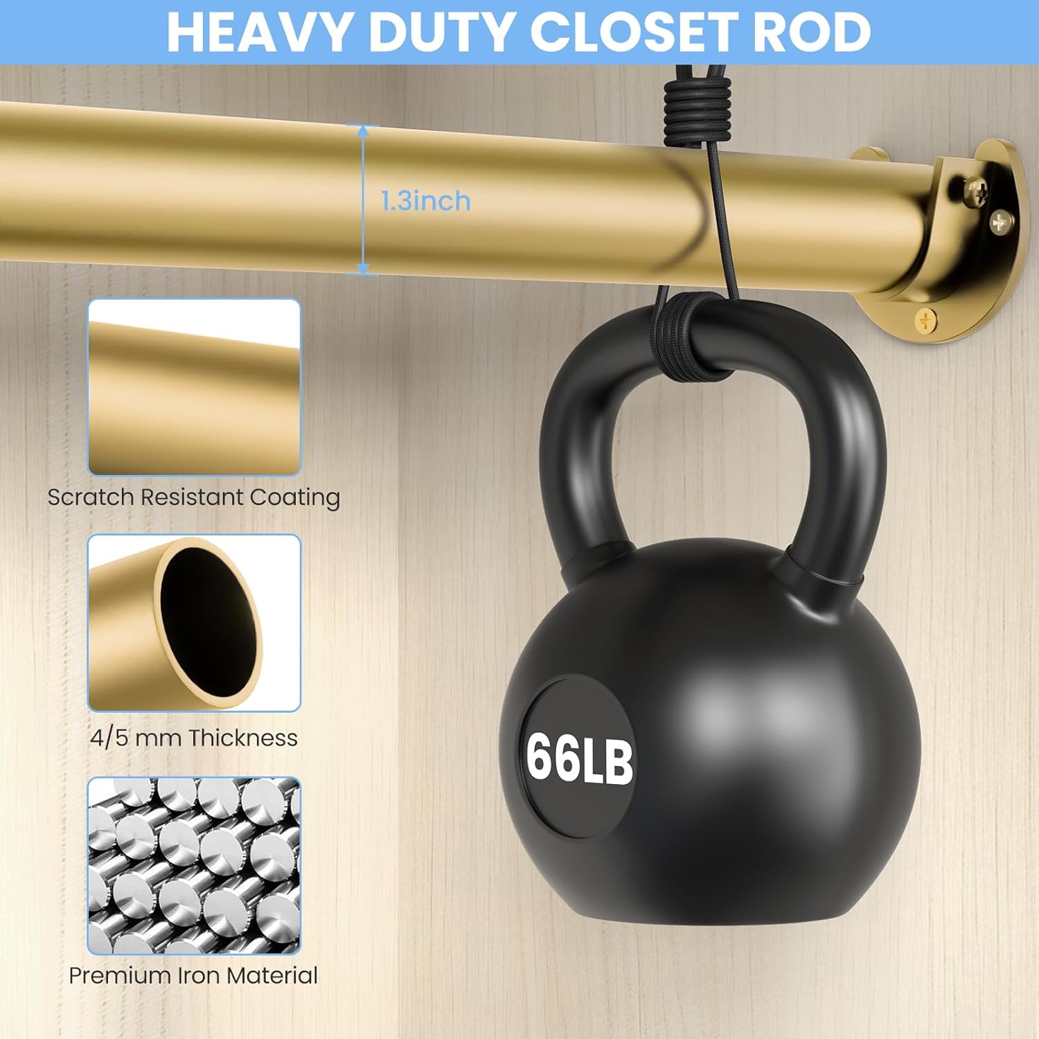 Closet Rods for Hanging Clothes, 17 to 69 Inch Heavy Duty Stepless Adjustable Closet Hanging Rod, 1.3 Inch Diameter Metal Closet Rod for Wardrobes Laundry Bedroom RV, Gold