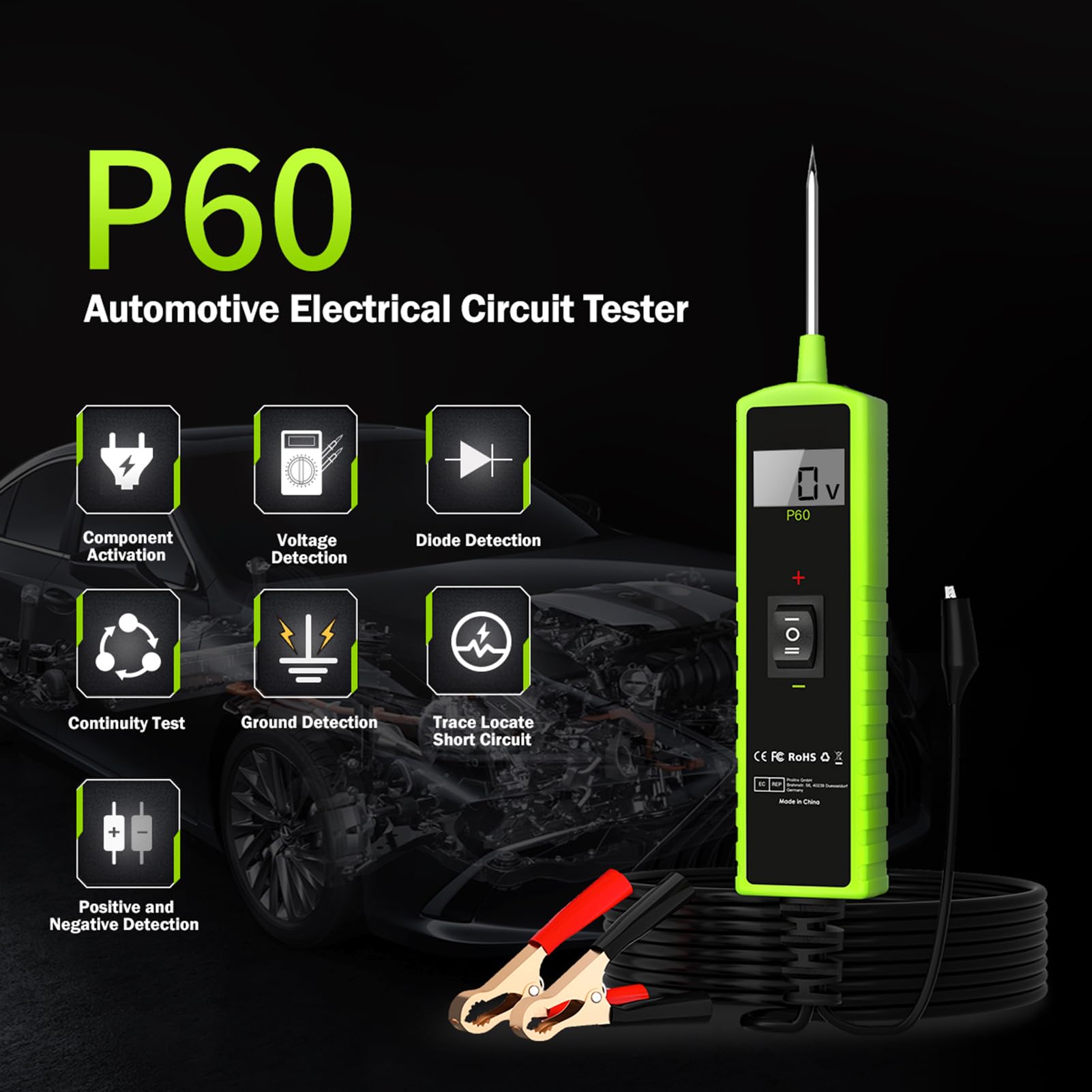 P60 Tester per circuiti automobilistici per auto, camion, SUV, escavatori e barche, tester corto per impianti elettrici da 6 a 30 V con display LCD, torcia e strumento di