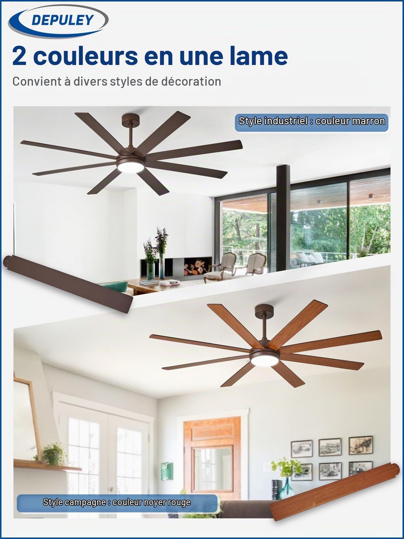Depuley Ventilateurs de plafond 66 pouces avec éclairage: Grand ventilateur de plafond extérieur pour salon - Ventiladores de techo grandes de 8 aspas con mando a distancia