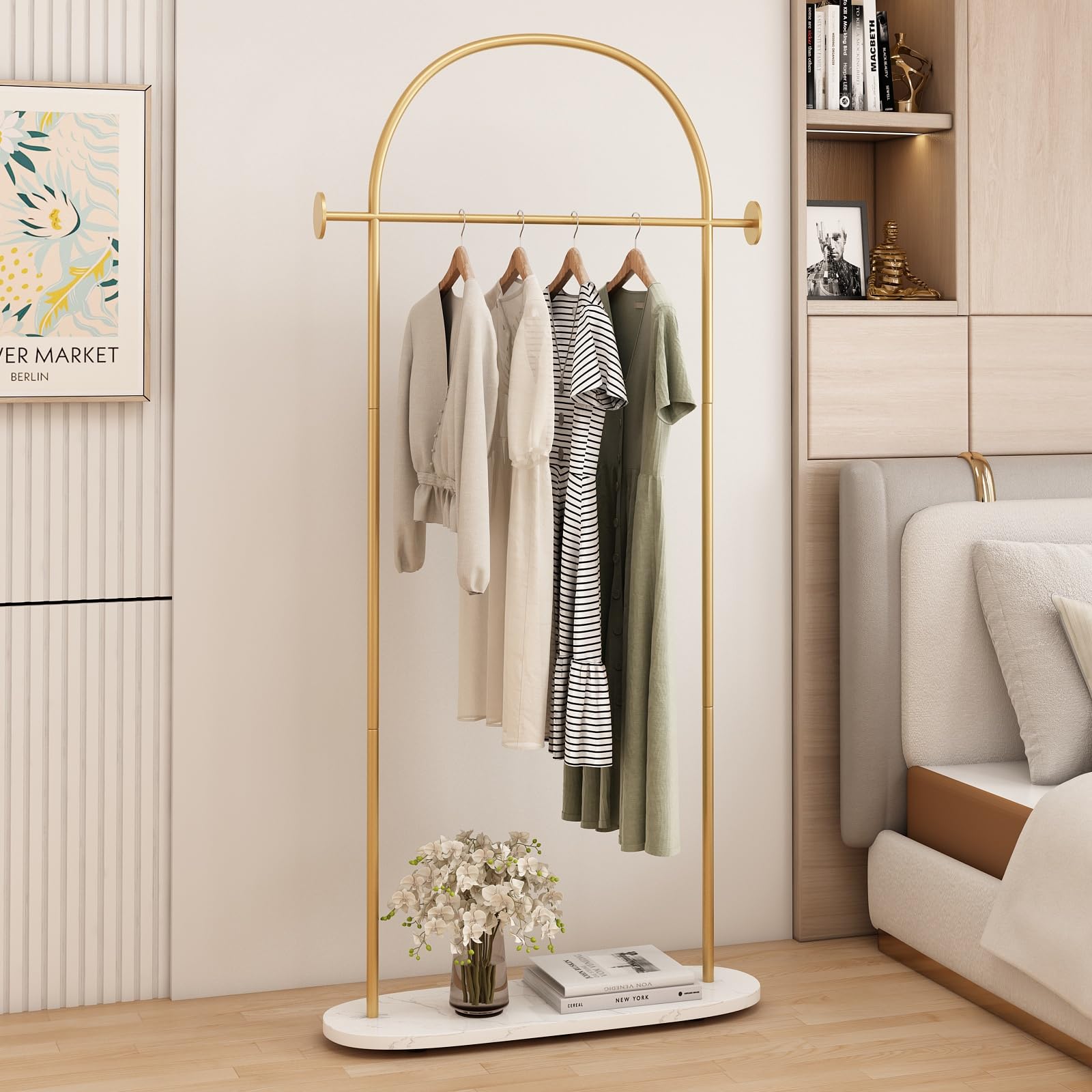 Modern Gold Coat Racks with Marble Base, Gold Clothing Racks with Shelves, Heavy Duty Clothes Rack Stand for Entryway, Bedroom, Living Room, Boutiques