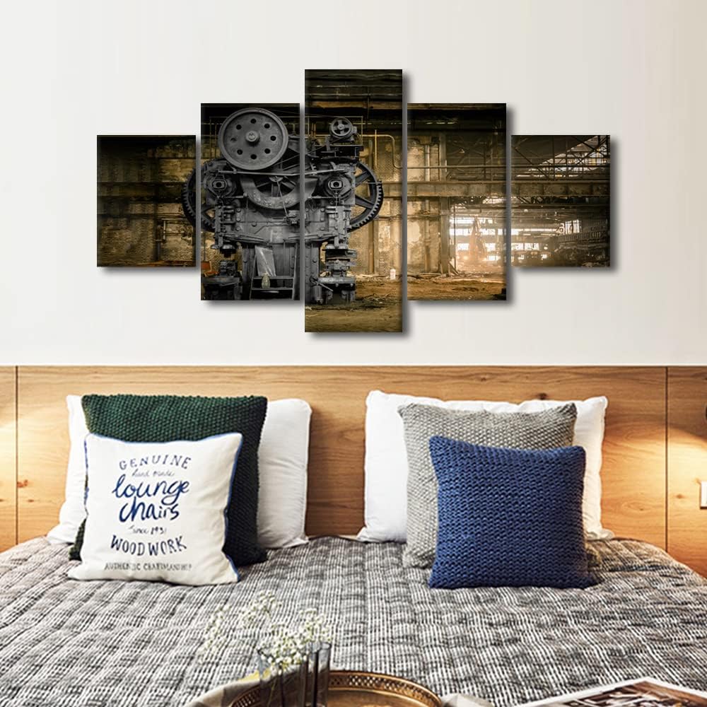 5 Panels Steampunk Wall Art Machine Old Factory Posters Art Prints Canvas Stretched and Framed Architecture Artwork Wall Paintings Canvas Wall Art for Living Room Home Decor Ready to Hang 60" Wx32 H