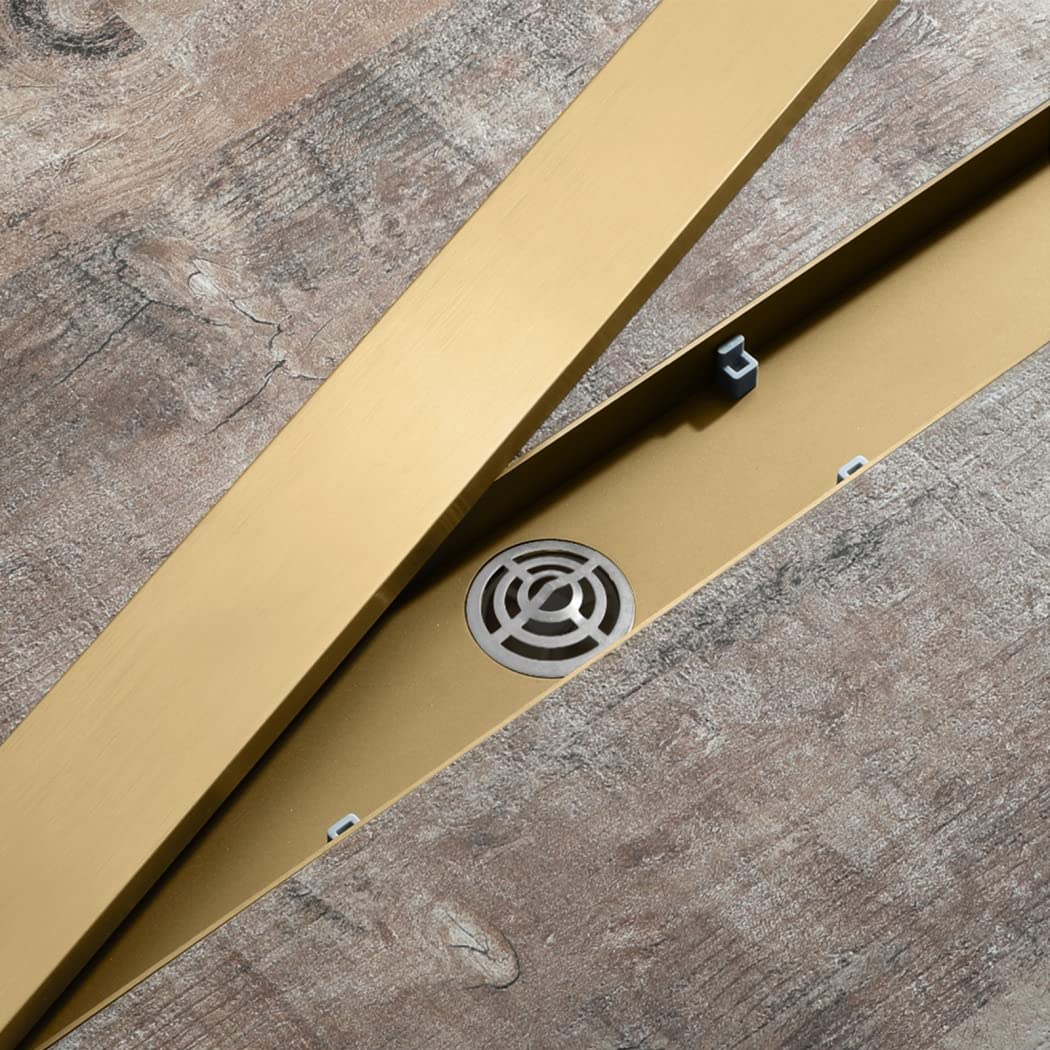 Liniowy odpływ prysznicowy 61 cm (24 cale), stal nierdzewna 304, prostokątny odpływ podłogowy, szczotkowane wykończenie, ze szczotkowanym złotem, z kratką do wkładania płytek i wyjmowaną.