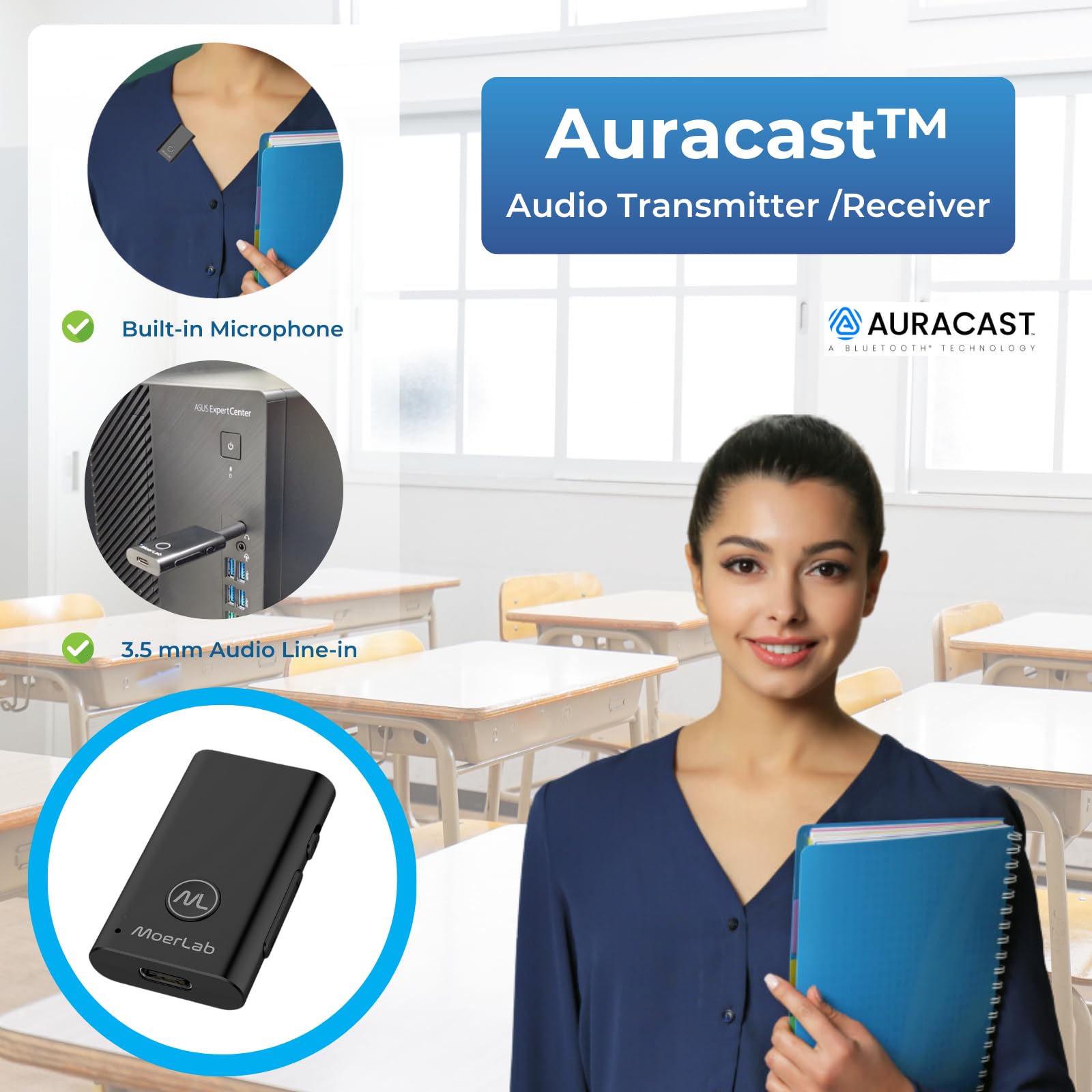 MoerDuo Auracast Audio Transceiver – 2-in-1 Wireless Transmit & Receive Adapter with Line-in/Out, USB Audio, Built-in Mic – Low Latency, Multi-Device Broadcast, 22H Battery Life