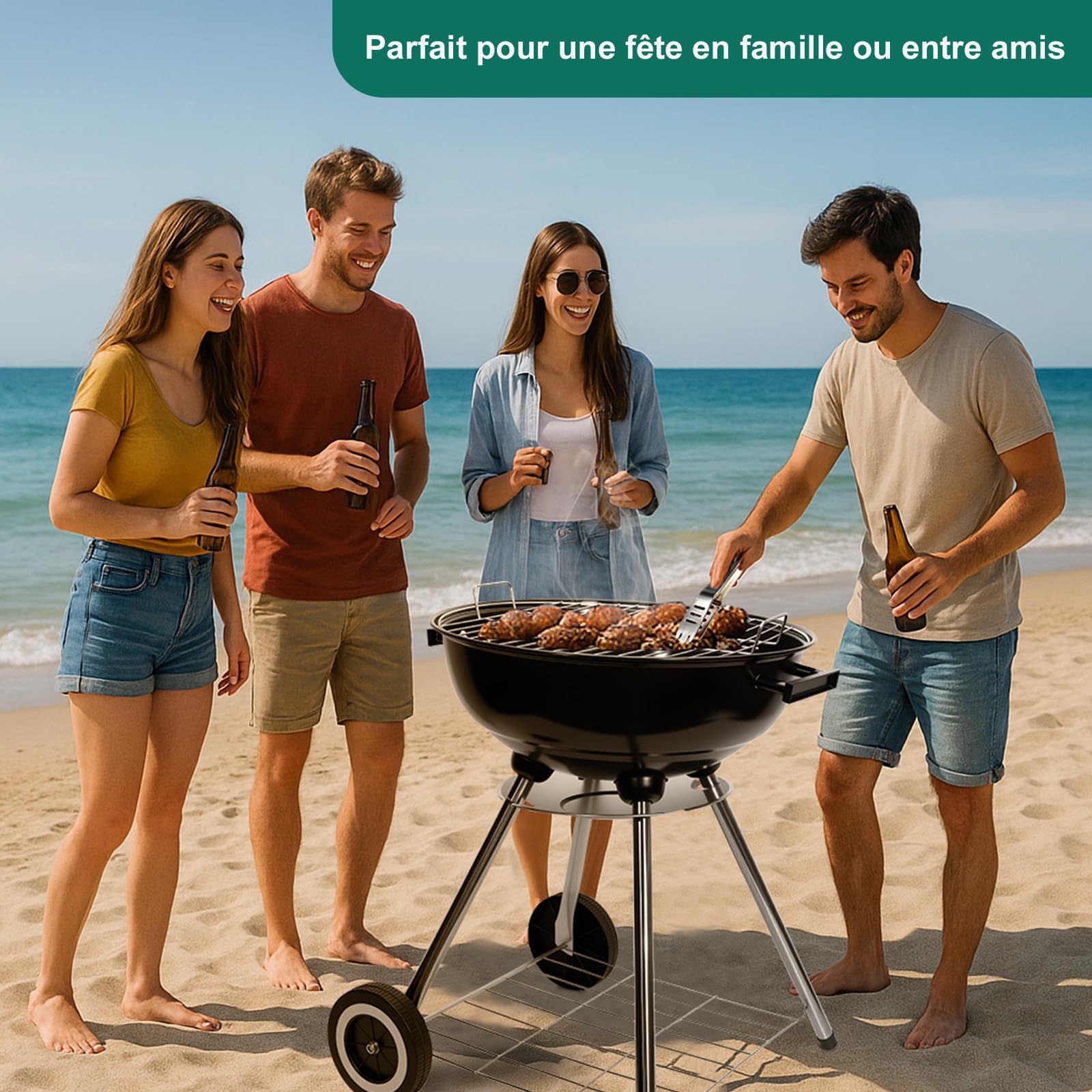 HYCHIKA Barbecue Charbon de Bois, Barbecues à charbon Ø47cm 18pouce Rond Vertical BBQ Compact Grill avec Couvercle Grille Chromée Roues, pour le Jardin Balcon Camping L'extérieur