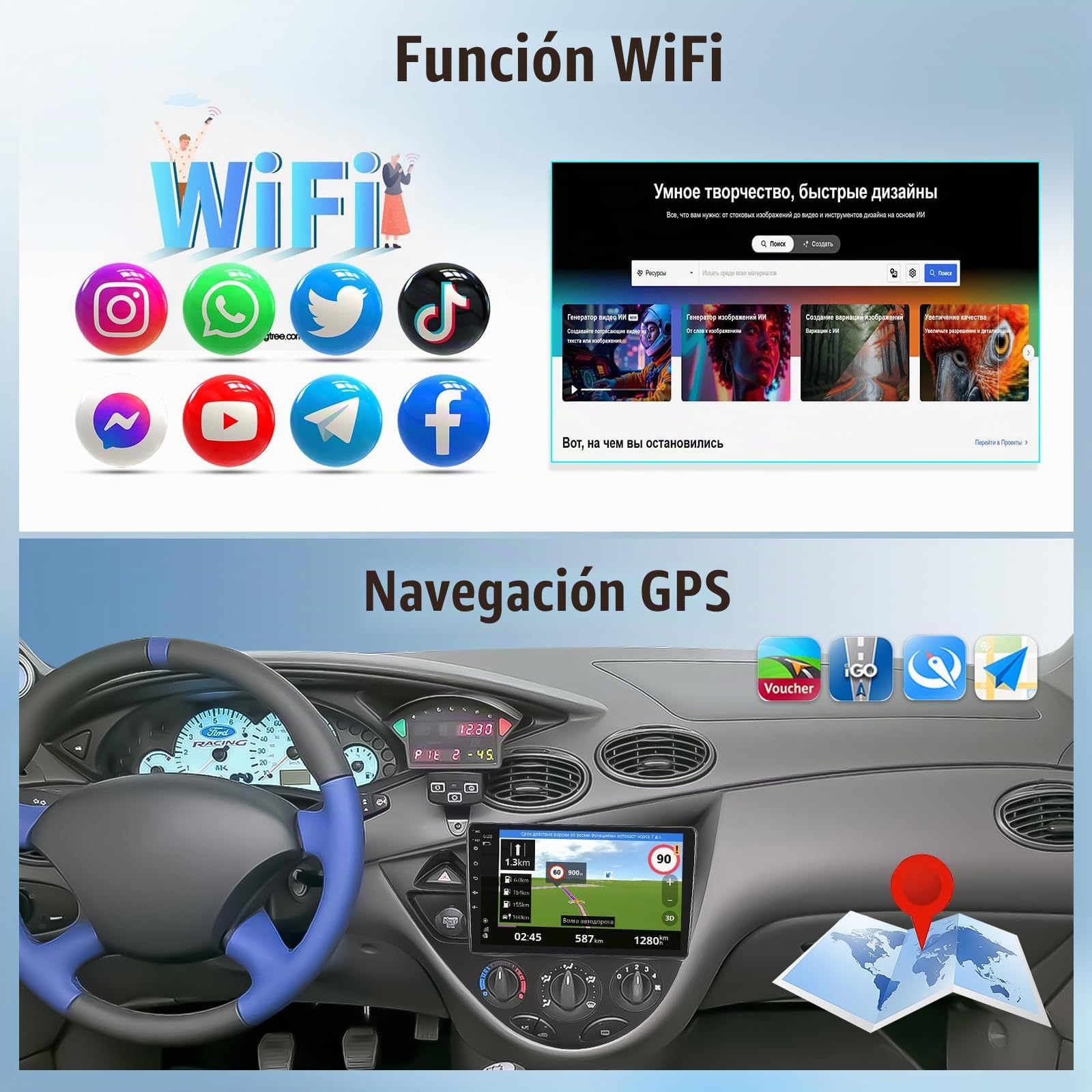 OiLiehu 4+64GB Android 13 2 DIN Carplay Android Auto Autoradio para Ford Focus MK1 C170 1998-2005 Pantalla Radio Coche 9 Pulgadas Mirror Link Bluetooth FM/RDS GPS WiFi SWC EQ Camara Marcha Atras