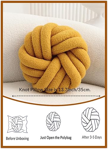 Miniatura 5 de Almohada de nudo amarillo de 13.7 pulgadas, almohada redonda de felpa suave, almohada anudada hecha a mano, cojín de almohada anudada moderna para