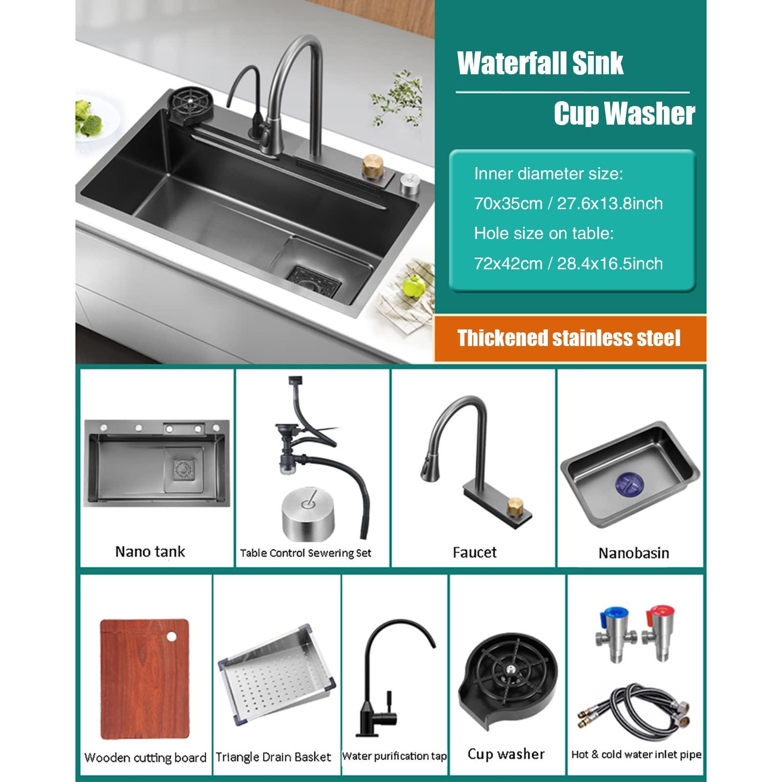 Lavello da Cucina A Vasca Singola Nero 304 Lavello a Cascata in Acciaio Inox lavastoviglie Lavello Singolo con rubinetto estraibile, tagliere, rondella della tazza E Componenti di Drenaggio ( Size : 7