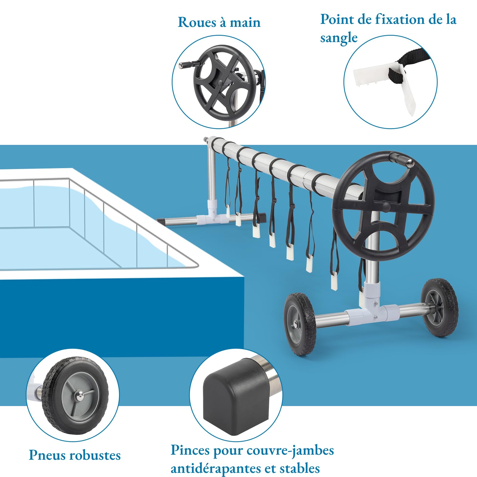LEADZM Enrouleur de Bâche de Piscine 3,6-5,5m,Professionnel en Aluminium Premium,Système d'enroulage pour Bâche Solaire,Télescopique Enrouleur Mobile,avec Roues Pleines,Argent Noir