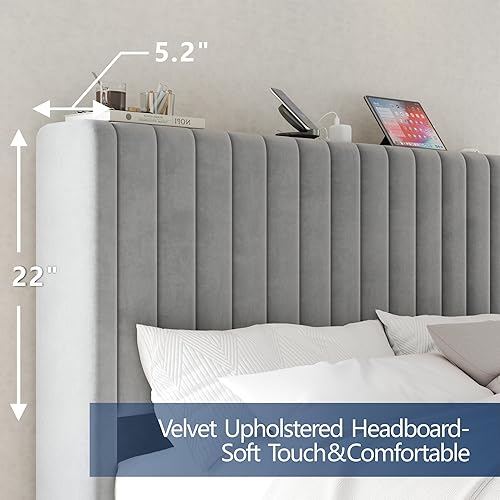 Miniatura 13 de VanAcc Base de cama tamaño Queen, plataforma tapizada de terciopelo con cabecera capitoné de canal, base de colchón con listones de madera, no