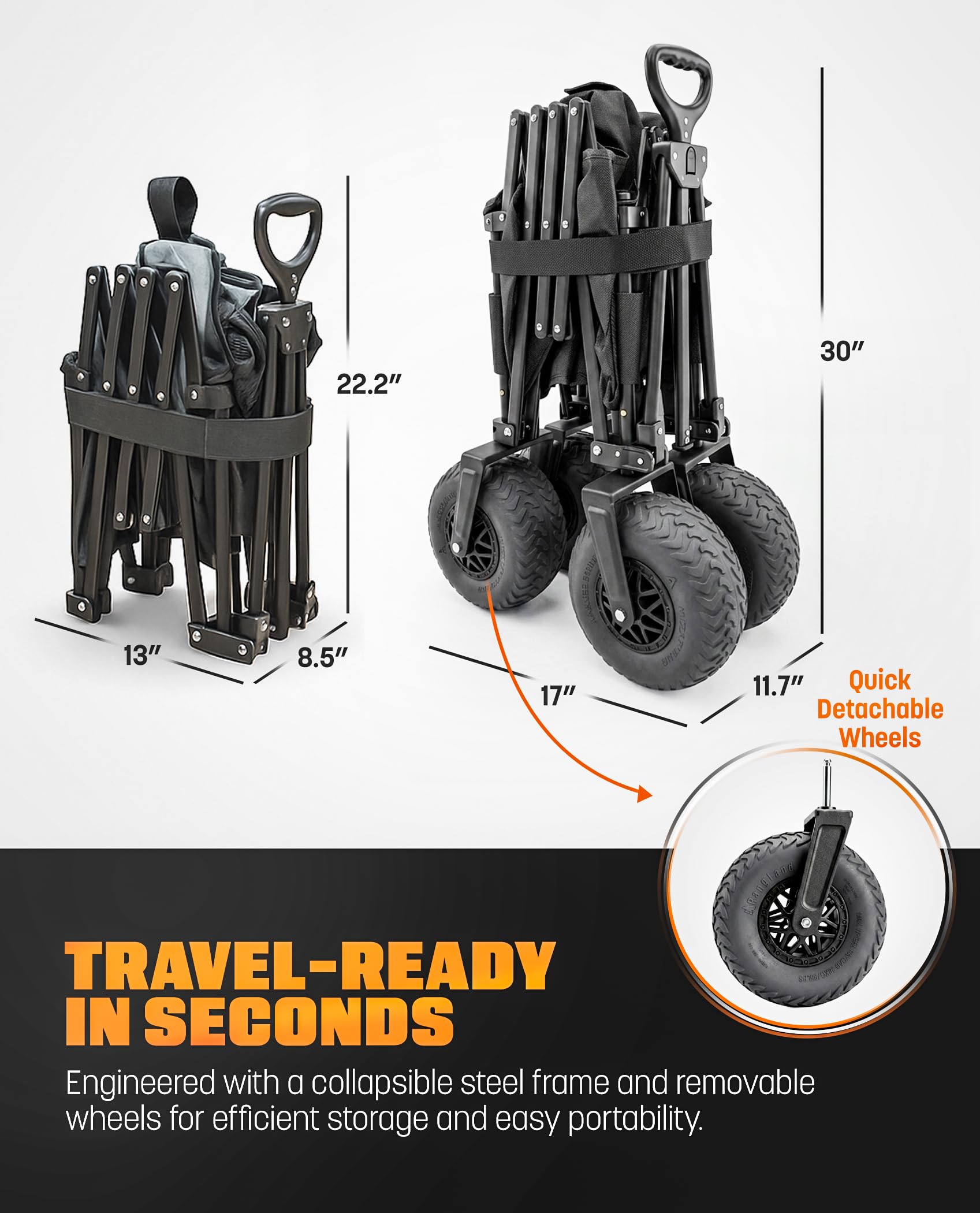 Beach Wagon - Carrello pieghevole per tutti i terreni con ruote grandi per sabbia e ghiaia, capacità 136 kg, colore: nero/grigio