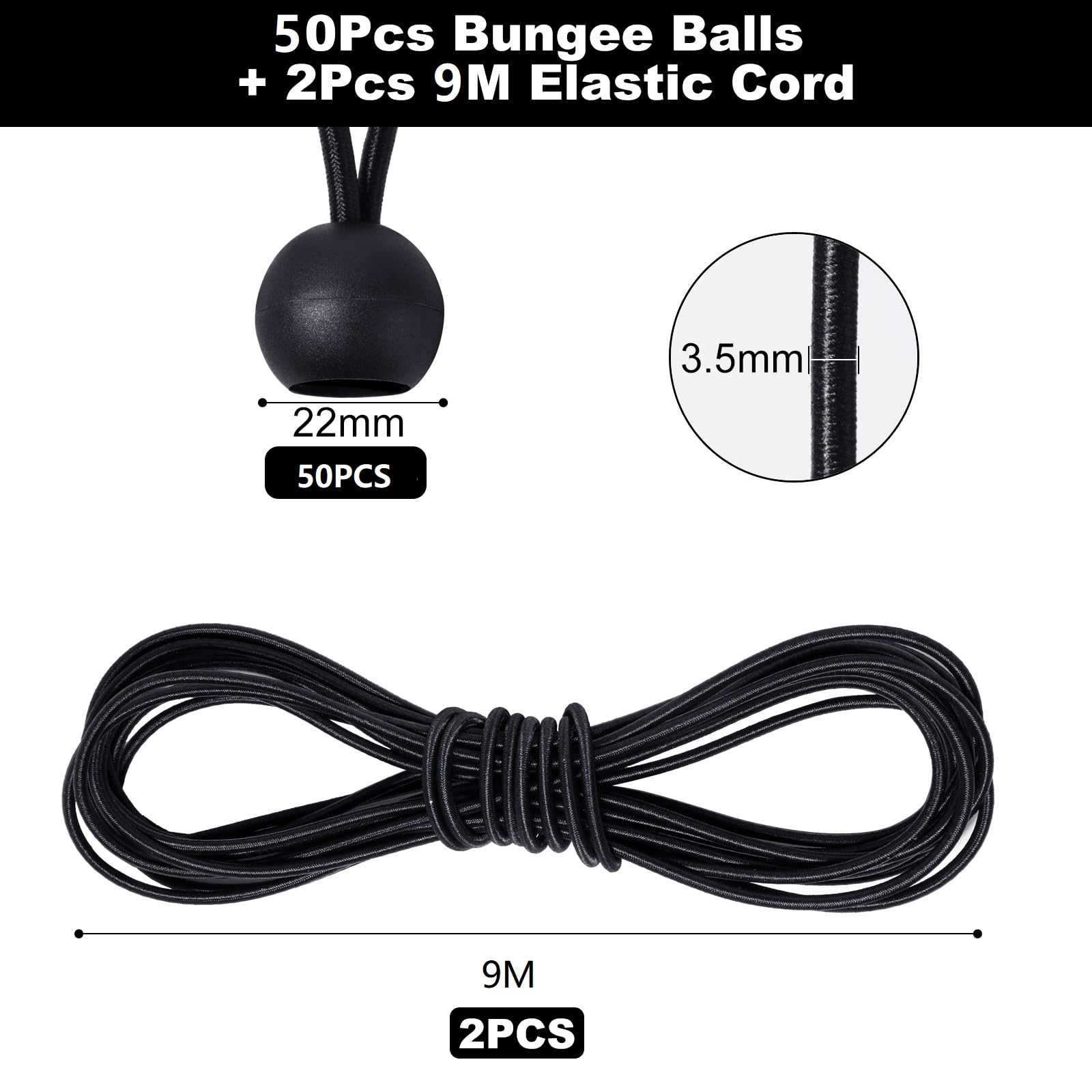 Ysimple 50 Pcs Bungee Cord with Balls, Black Bungee Balls with 2pcs 9M Elastic Cord - Image 2