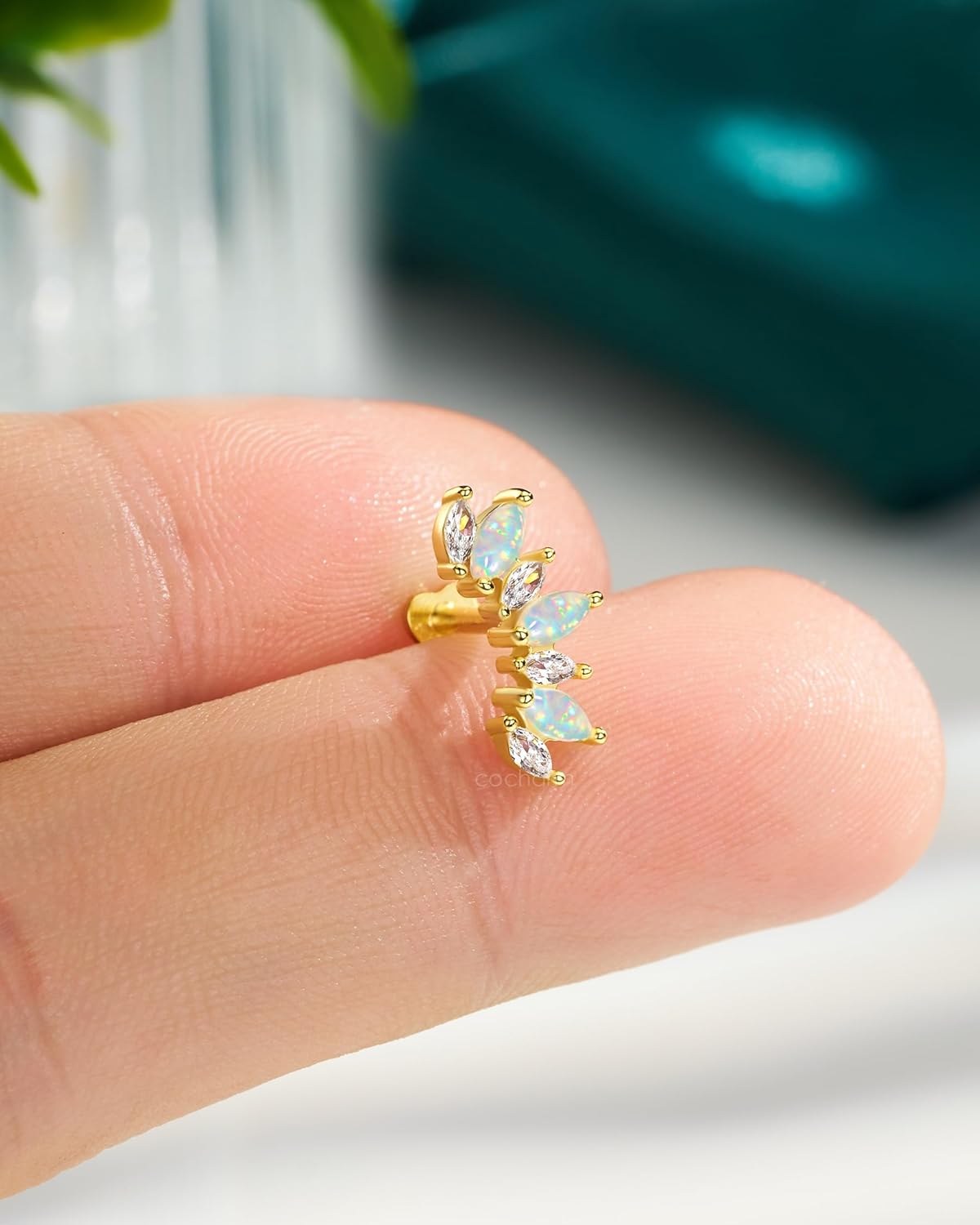 COCHARM 14K Gold Plated Cartilage Earrings Stud 925 Sterling Silver Opal Helix Earrings for Women Internally Thread Flat Back Earrings Heart - Image 6