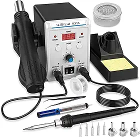 Estação de ferro de solda, ILIBILIB estação de retrabalho de ar quente SMD 2 em 1 kit de estação de solda com display digital 60W com 5 pontas de ferro substituíveis, fio de solda, bicos, sugador de